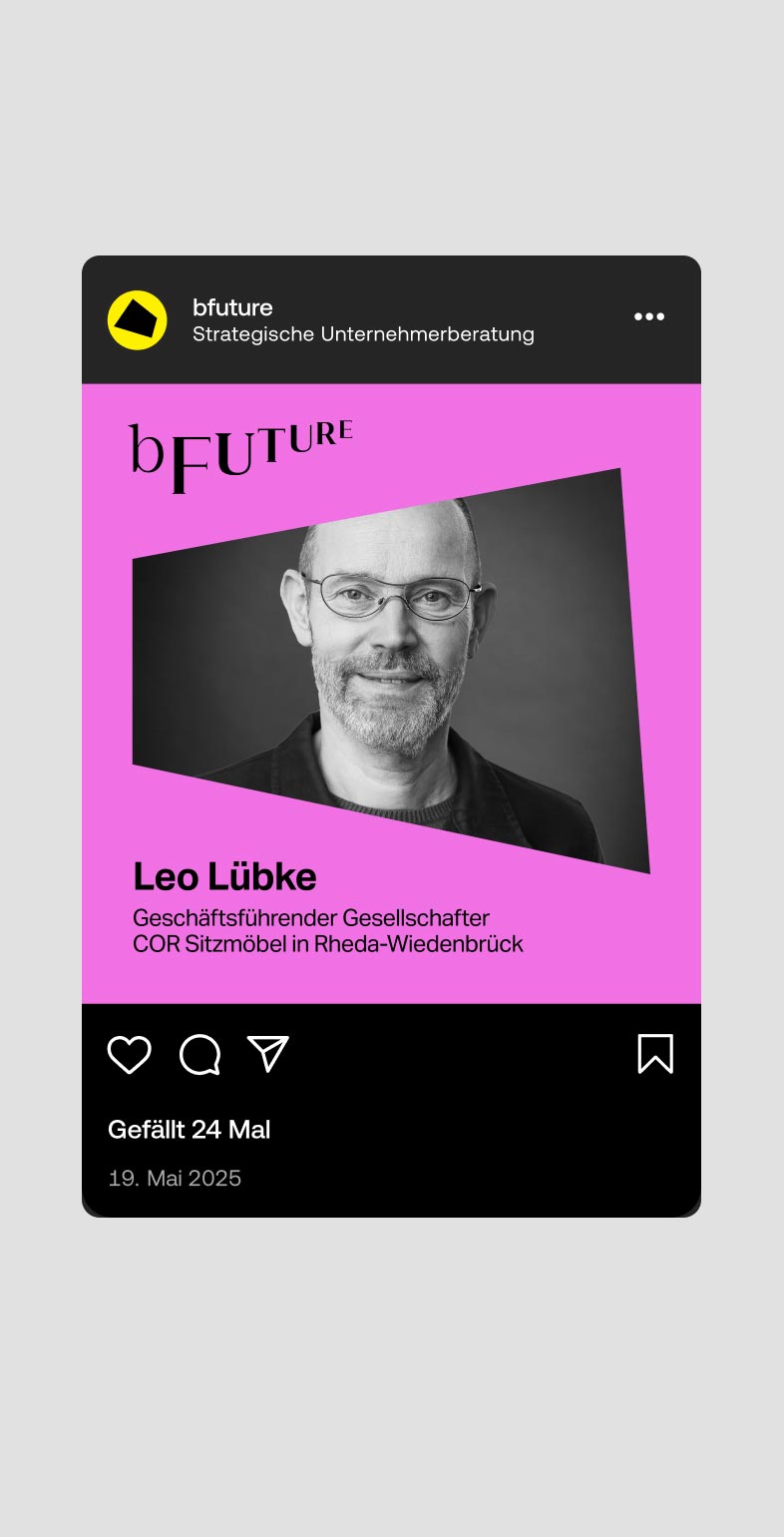 Instagram-Post mit Leo Lübke im bFuture-Layout – Social-Media-Gestaltung für strategische Beratung von Neue Identität