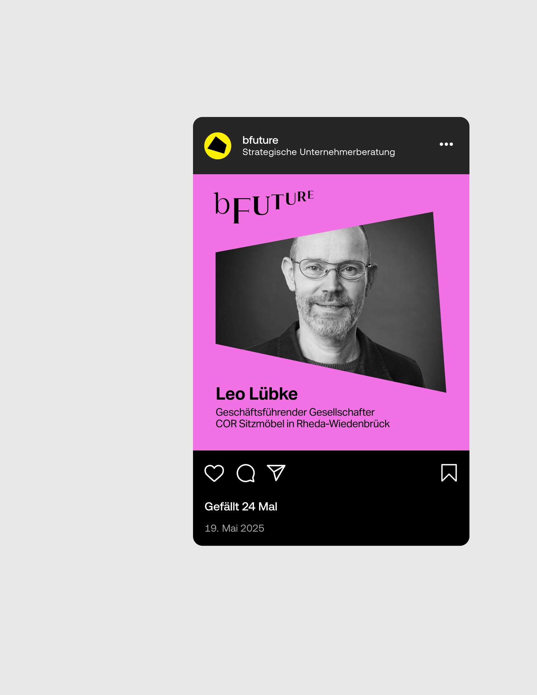 Instagram-Post mit Leo Lübke im bFuture-Layout – Social-Media-Gestaltung für strategische Beratung von Neue Identität