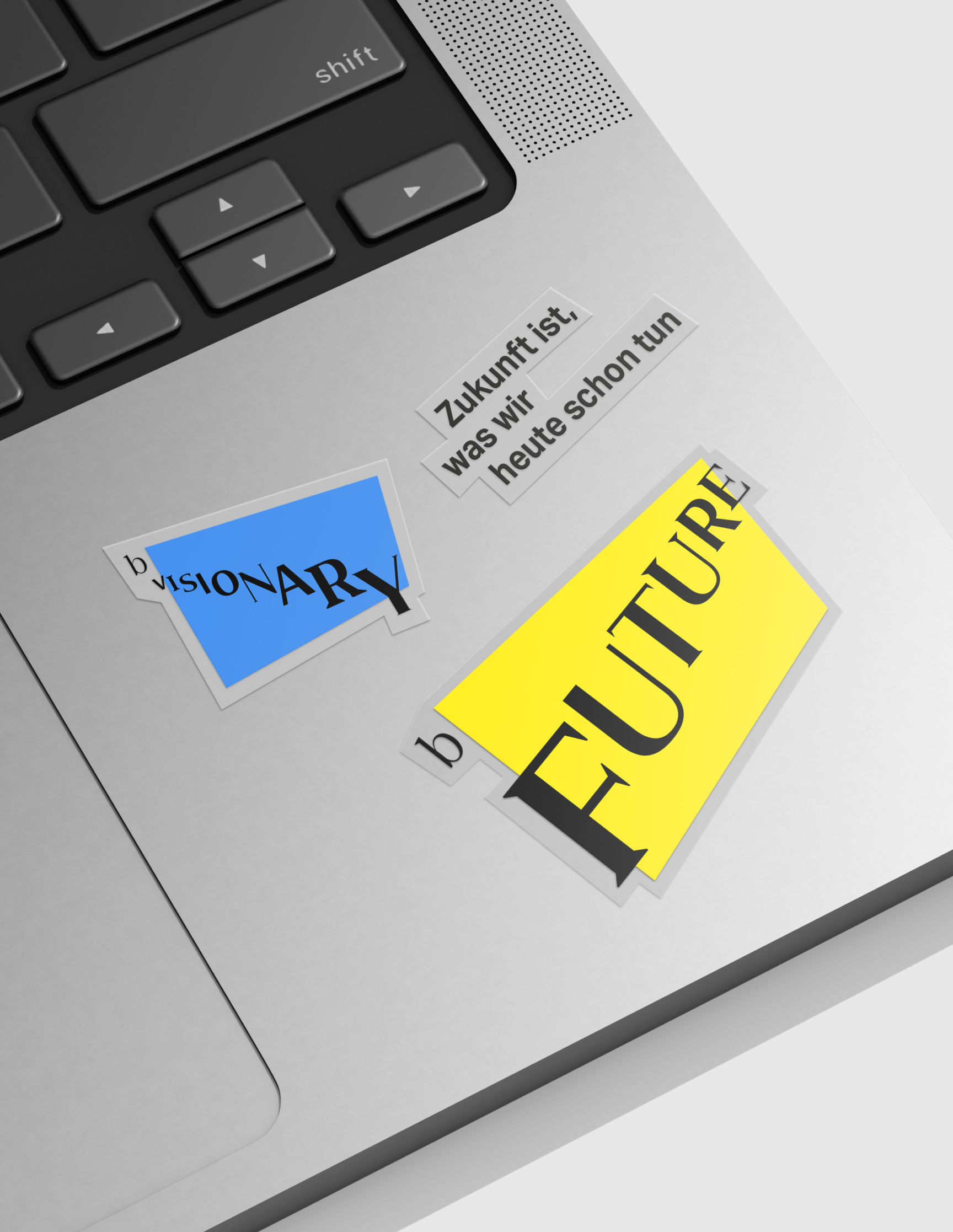 Sticker auf Laptop mit Slogan „Zukunft ist, was wir heute schon tun“ – visuelle Identität für bFuture von Neue Identität