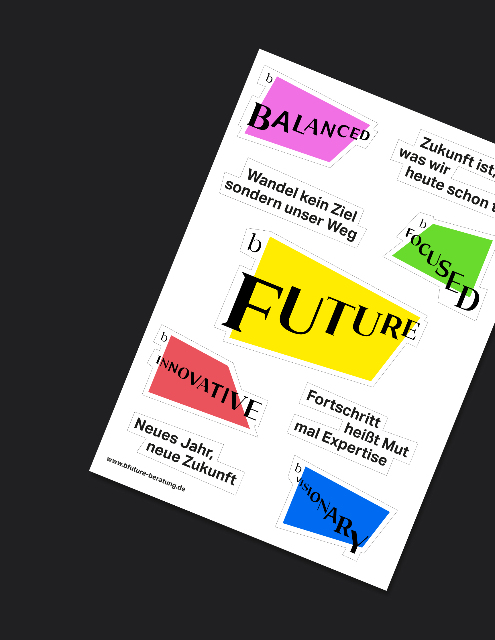Aufkleber-Set mit markanten Begriffen wie FUTURE, BALANCED, INNOVATIVE für bFuture – Corporate Design von Neue Identität