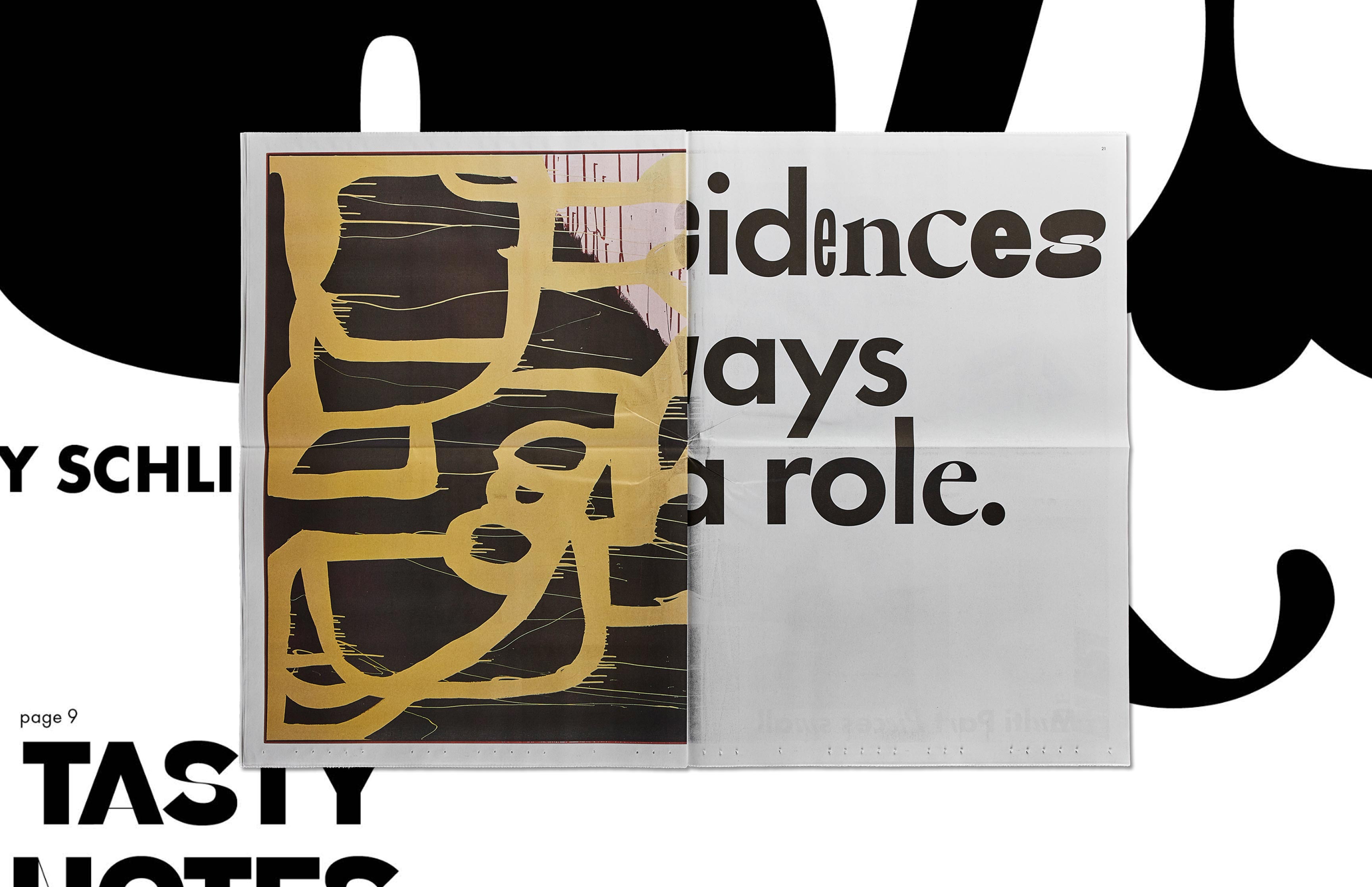Doppelseiten aus dem Kunstkatalog von Gary Schlingheider – Editorial Design mit typografischer und bildlicher Vielfalt umgesetzt als Zeitung, Design und Konzept von Neue Identität, Bielefeld.