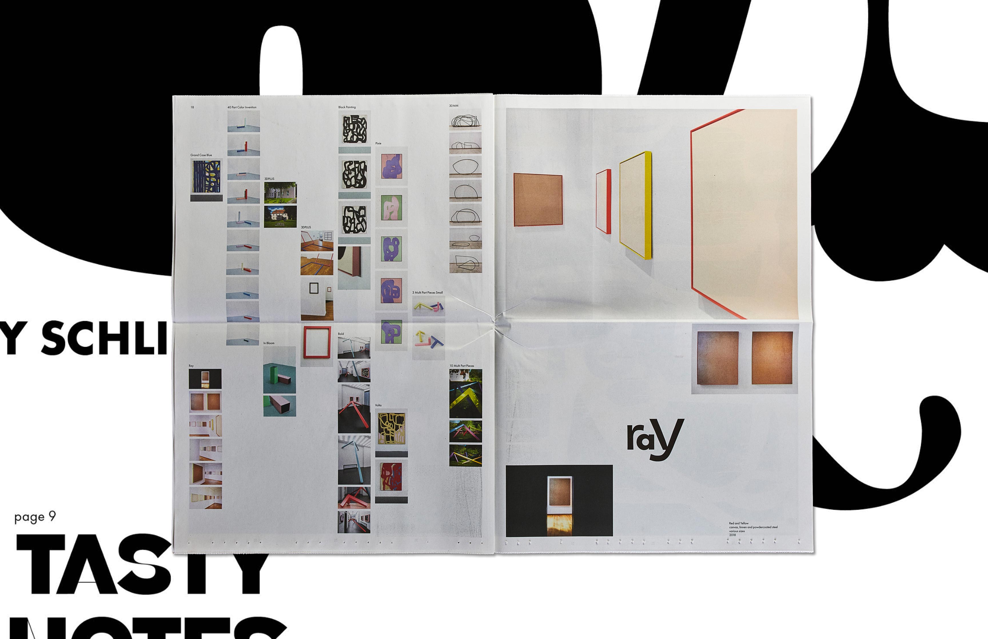 Doppelseiten aus dem Kunstkatalog von Gary Schlingheider – Editorial Design mit typografischer und bildlicher Vielfalt umgesetzt als Zeitung, Design und Konzept von Neue Identität, Bielefeld.