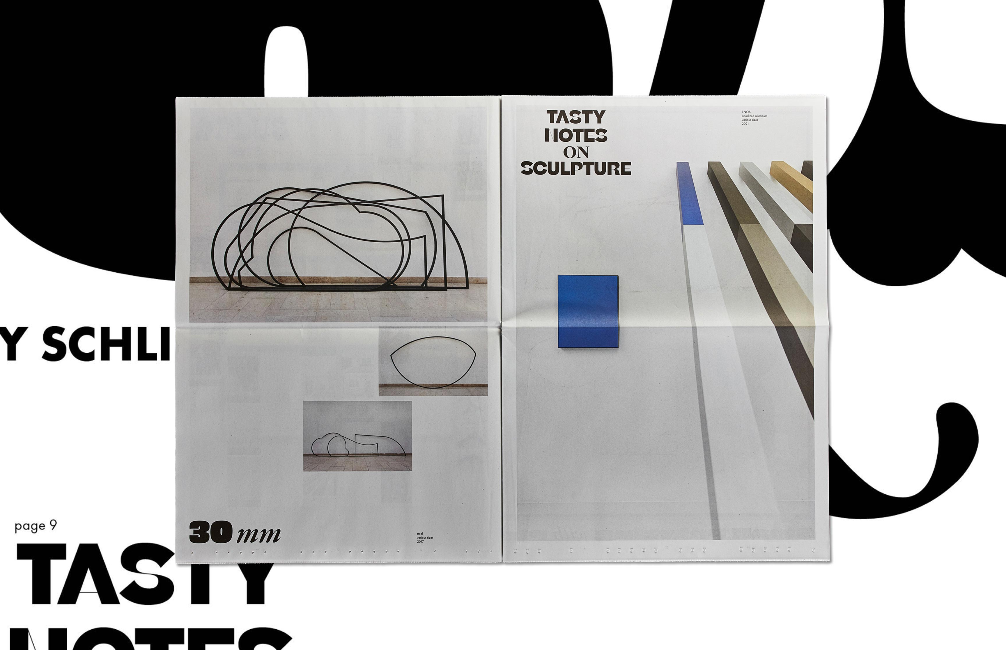 Doppelseiten aus dem Kunstkatalog von Gary Schlingheider – Editorial Design mit typografischer und bildlicher Vielfalt umgesetzt als Zeitung, Design und Konzept von Neue Identität, Bielefeld.