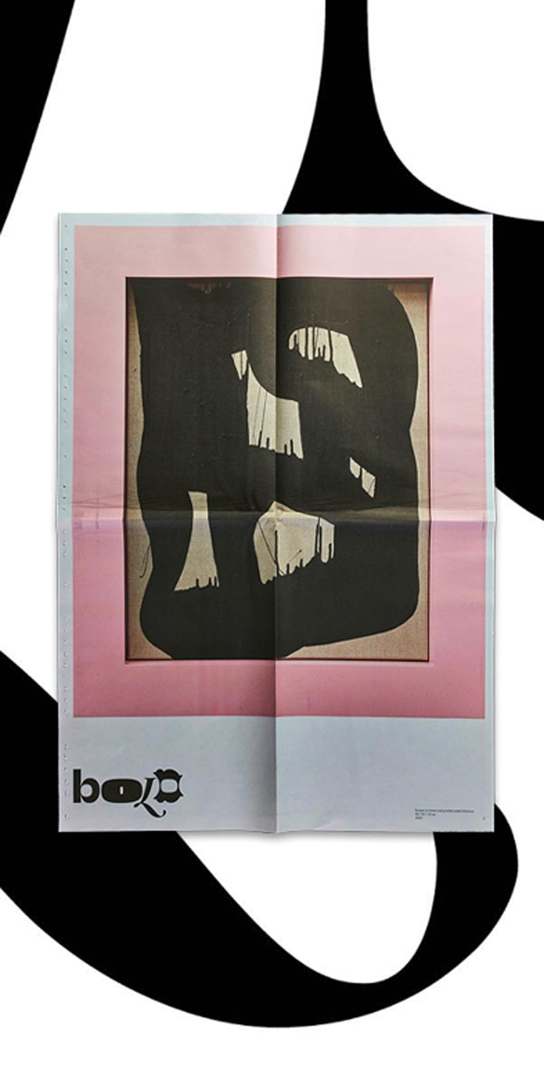 Zeitungsseite des Ausstellungskatalogs als großformatiges Poster von Gary Schlingheider – Editorial Design mit typografischer und bildlicher Vielfalt umgesetzt als Zeitung, Design und Konzept von Neue Identität, Bielefeld.