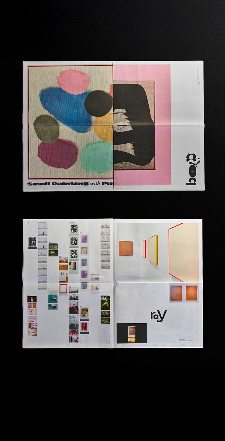 Zwei gestaltete Zeitungs-Doppelseiten aus dem Kunstkatalog von Gary Schlingheider – Editorial Design mit typografischer und bildlicher Vielfalt, Konzept: Neue Identität.