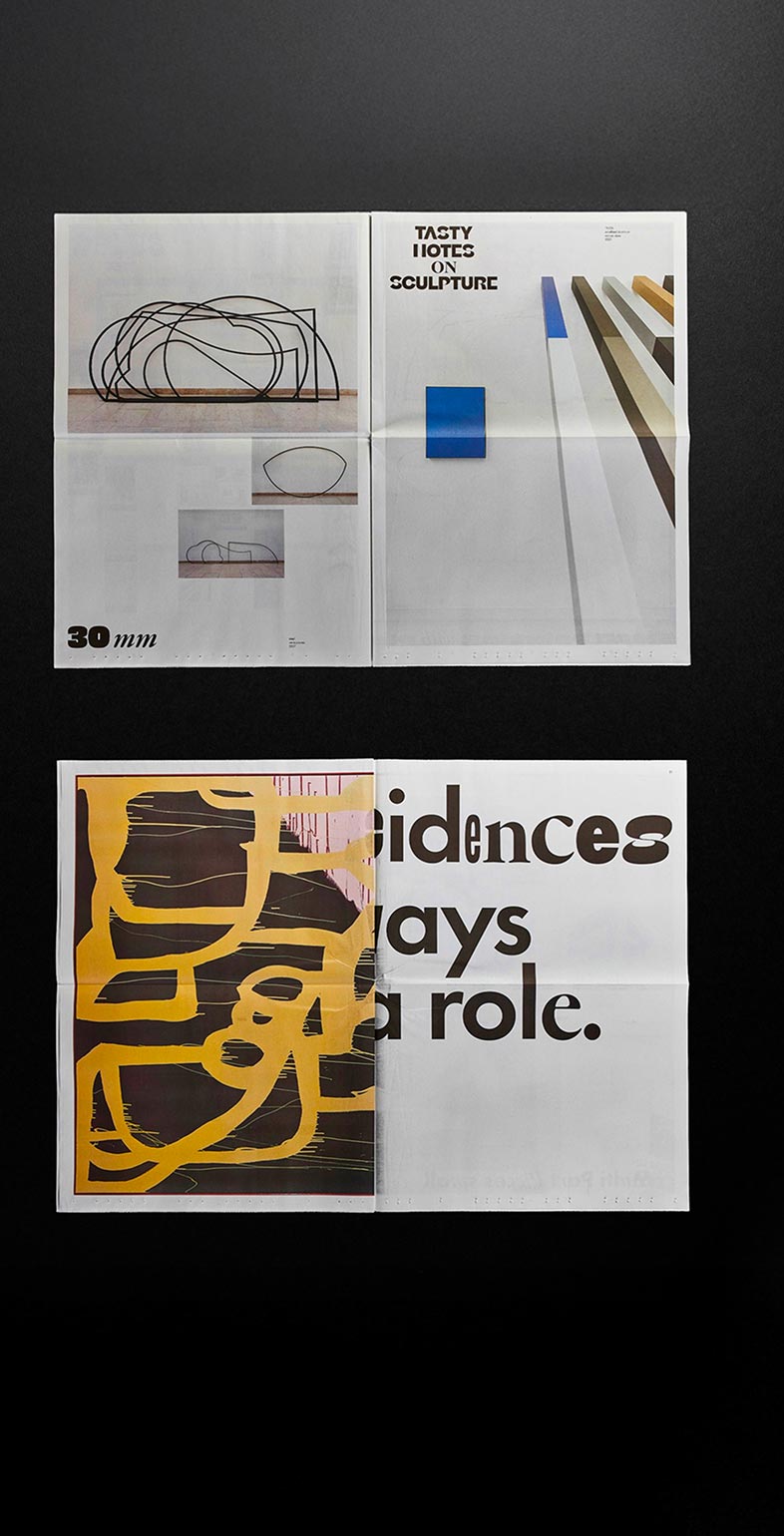 Zwei gestaltete Zeitungs-Doppelseiten aus dem Kunstkatalog von Gary Schlingheider – Editorial Design mit typografischer und bildlicher Vielfalt, Konzept: Neue Identität.