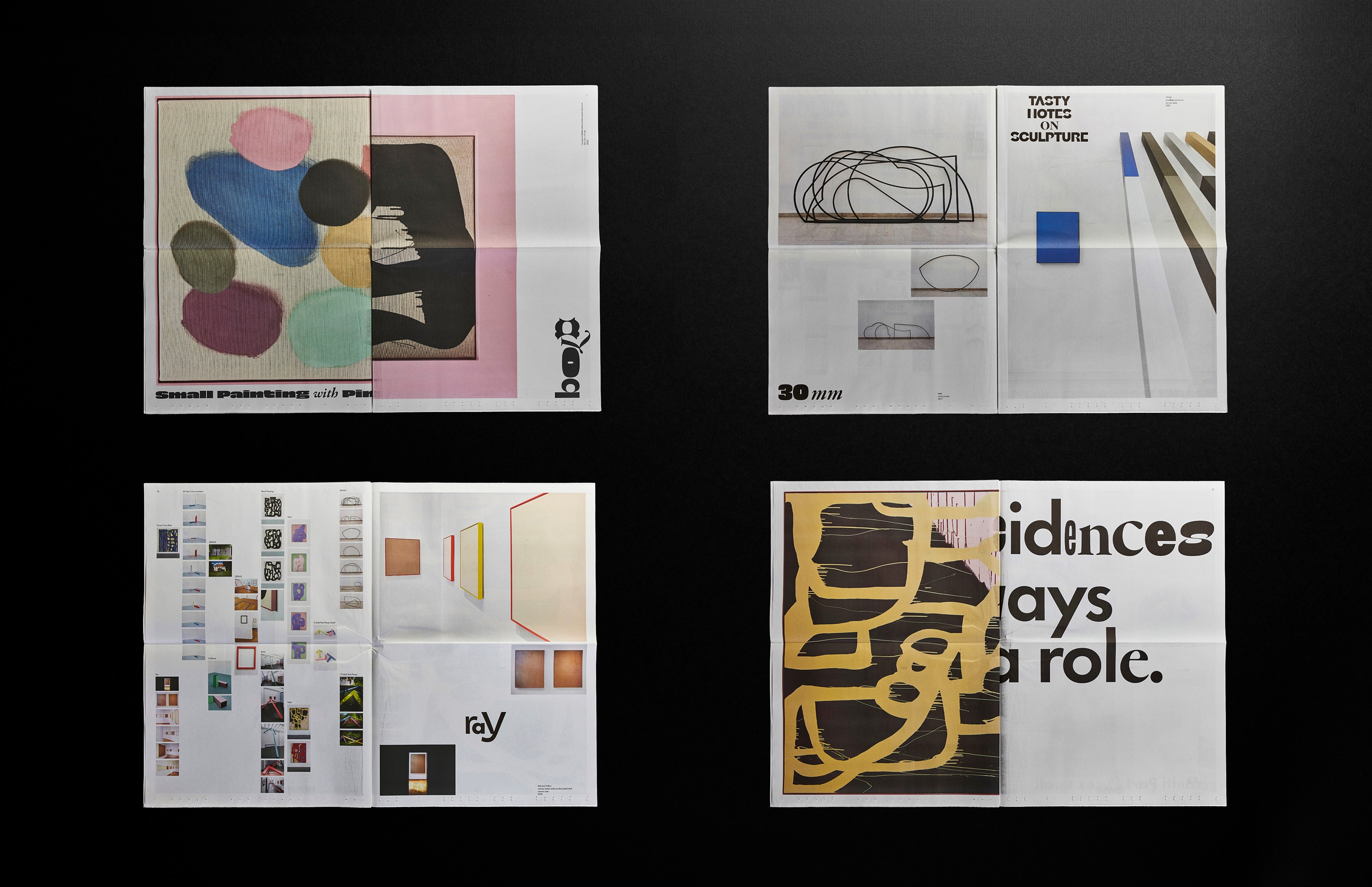 Vier gestaltete Zeitungs-Doppelseiten aus dem Kunstkatalog von Gary Schlingheider – Editorial Design mit typografischer und bildlicher Vielfalt, Konzept: Neue Identität.