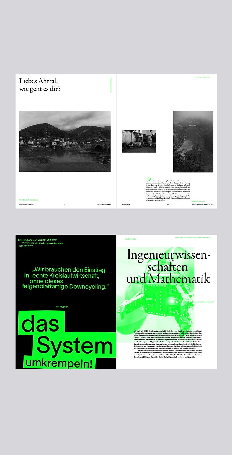 Doppelseiten des Jahresberichts 2023 der HSBI mit Übersicht zu Forschungsprojekten – modernes Informationsdesign von Neue Identität Bielefeld.