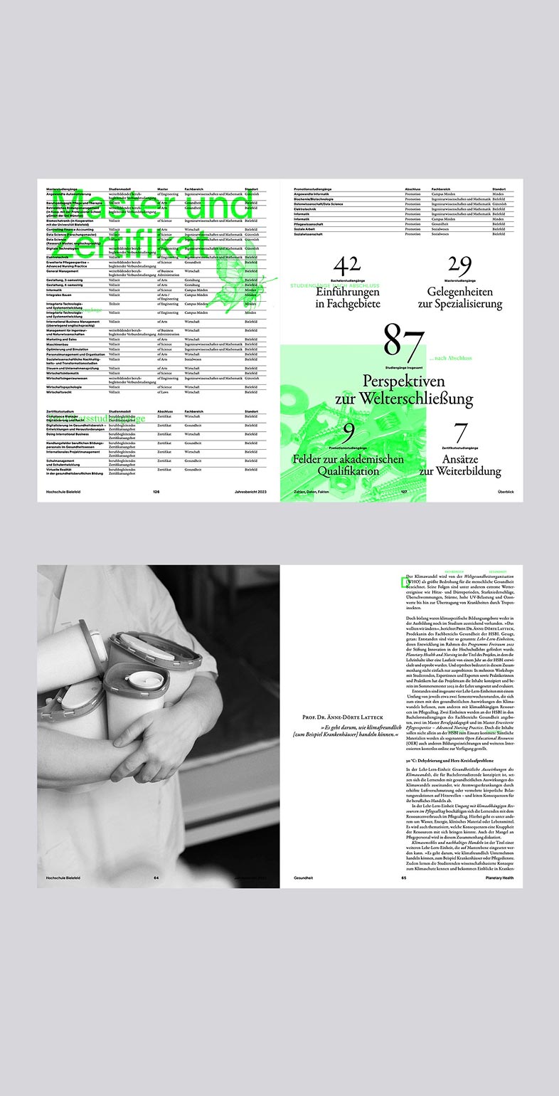 Doppelseiten des Jahresberichts 2023 der HSBI mit Übersicht zu Forschungsprojekten – modernes Informationsdesign von Neue Identität Bielefeld.