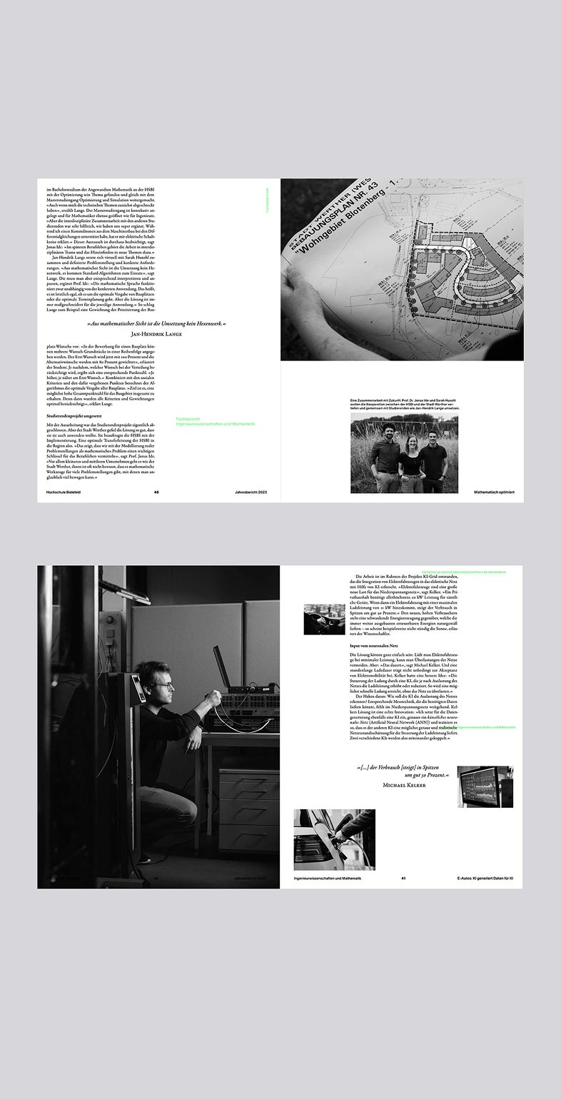 Doppelseiten des Jahresberichts 2023 der HSBI mit Übersicht zu Forschungsprojekten – modernes Informationsdesign von Neue Identität Bielefeld.