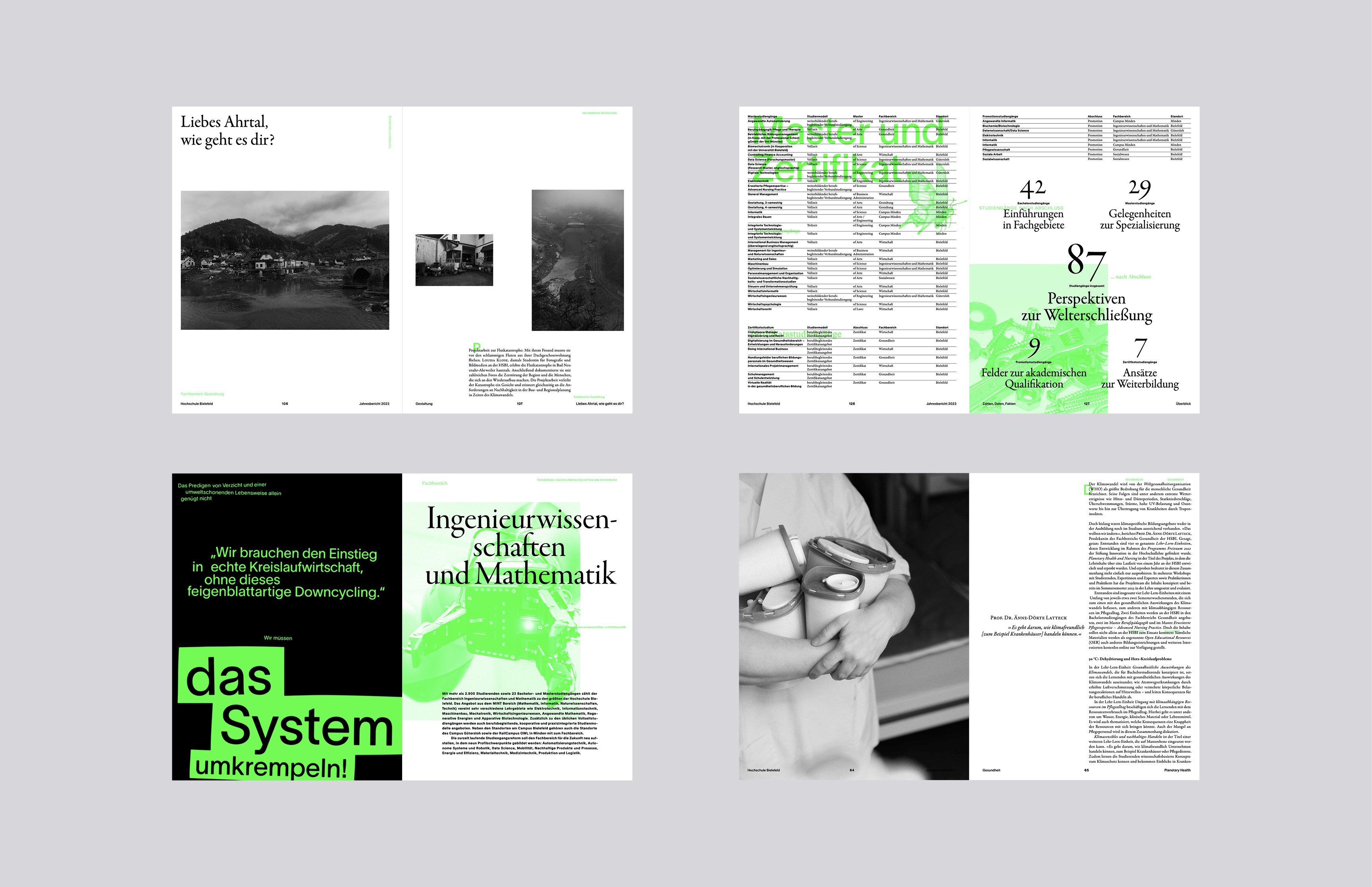 Editorial Design für die Hochschule Bielefeld – doppelseitiger Artikel mit Bildstrecke und Projekttext aus dem Jahresbericht 2023 von Neue Identität.