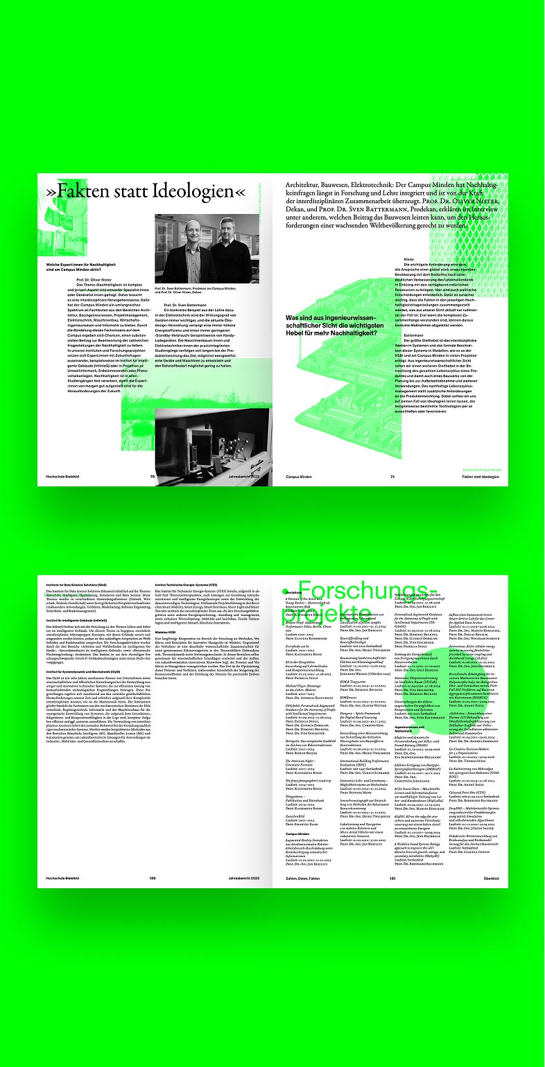 Doppelseiten des Jahresberichts 2023 der HSBI mit Übersicht zu Forschungsprojekten – modernes Informationsdesign von Neue Identität Bielefeld.