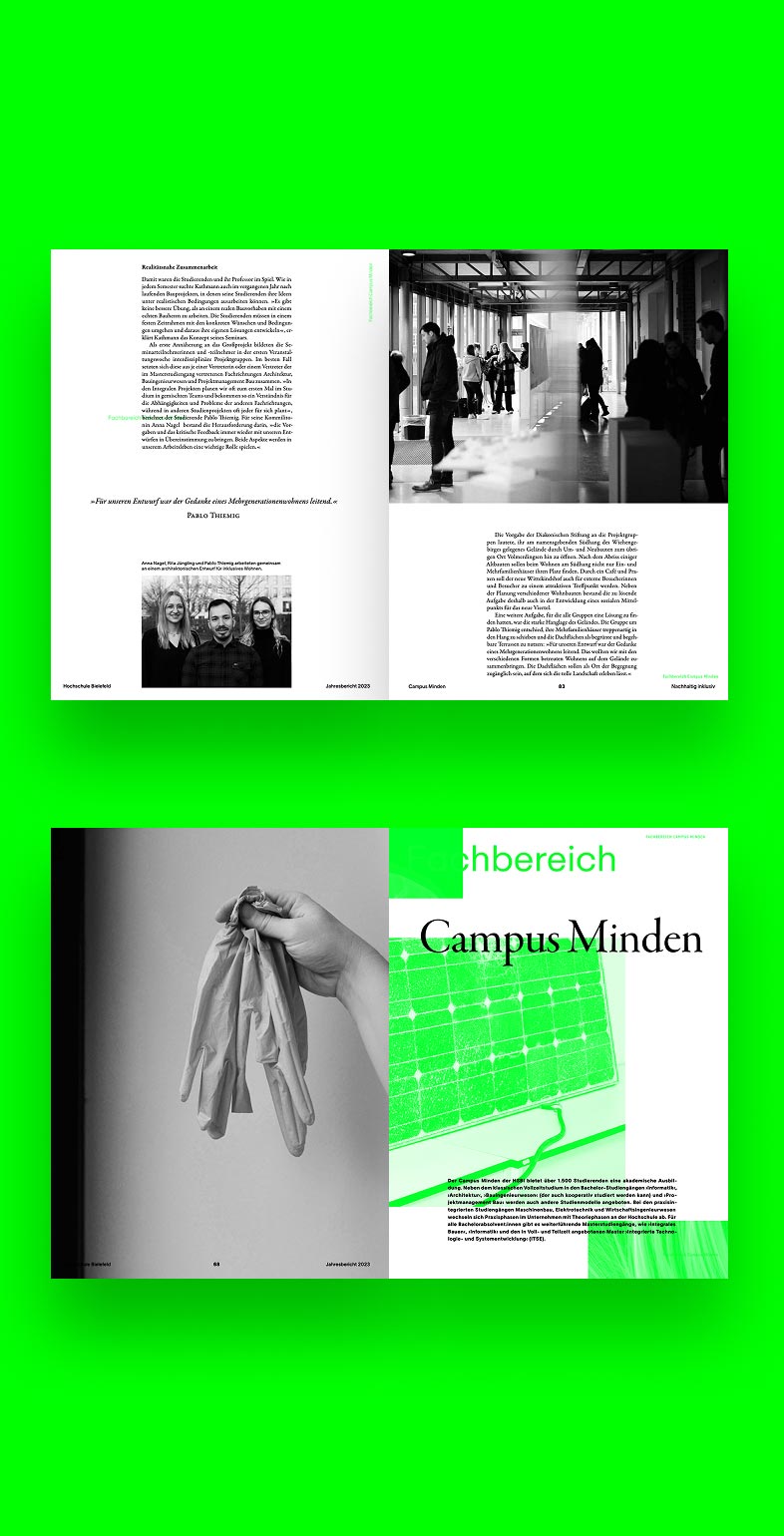 Doppelseiten des Jahresberichts 2023 der HSBI mit Übersicht zu Forschungsprojekten – modernes Informationsdesign von Neue Identität Bielefeld.
