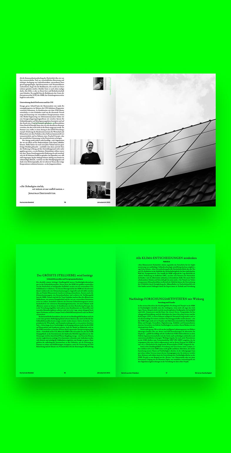 Doppelseiten des Jahresberichts 2023 der HSBI mit Übersicht zu Forschungsprojekten – modernes Informationsdesign von Neue Identität Bielefeld.
