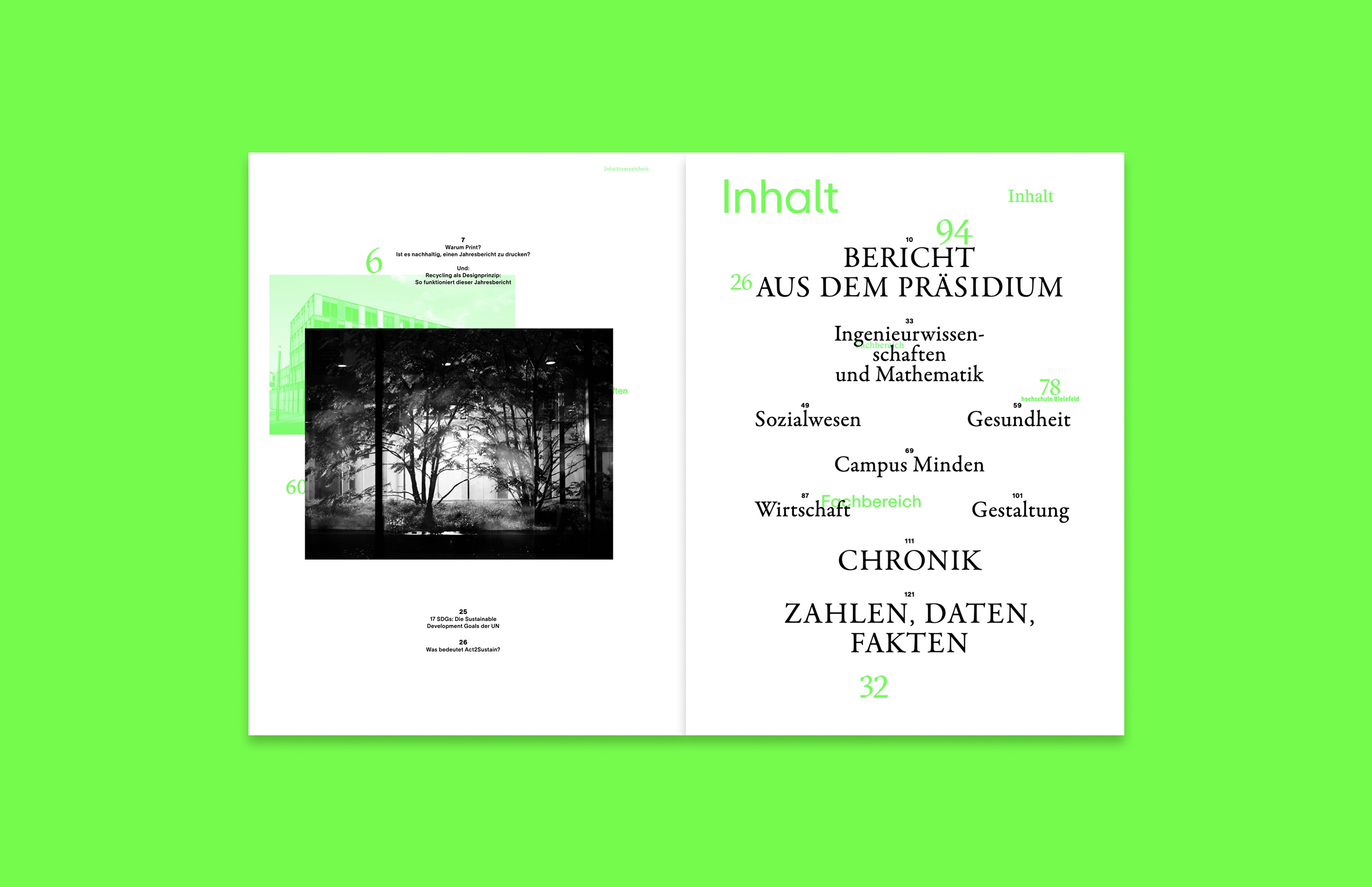 Doppelseiten des Jahresberichts 2023 der HSBI mit Übersicht zu Forschungsprojekten – modernes Informationsdesign von Neue Identität Bielefeld.