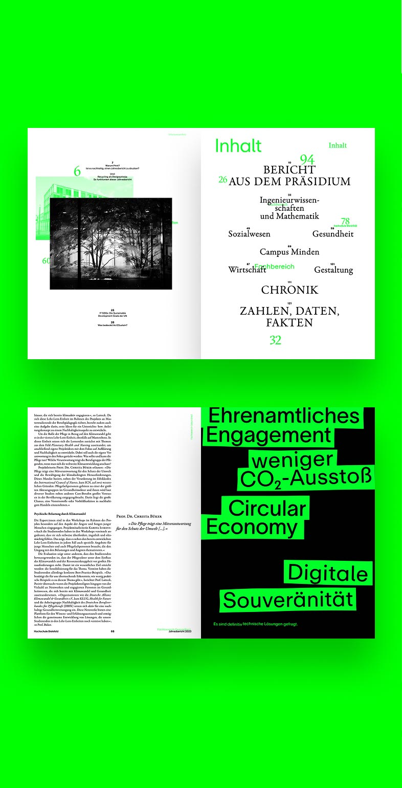 Doppelseiten des Jahresberichts 2023 der HSBI mit Übersicht zu Forschungsprojekten – modernes Informationsdesign von Neue Identität Bielefeld.