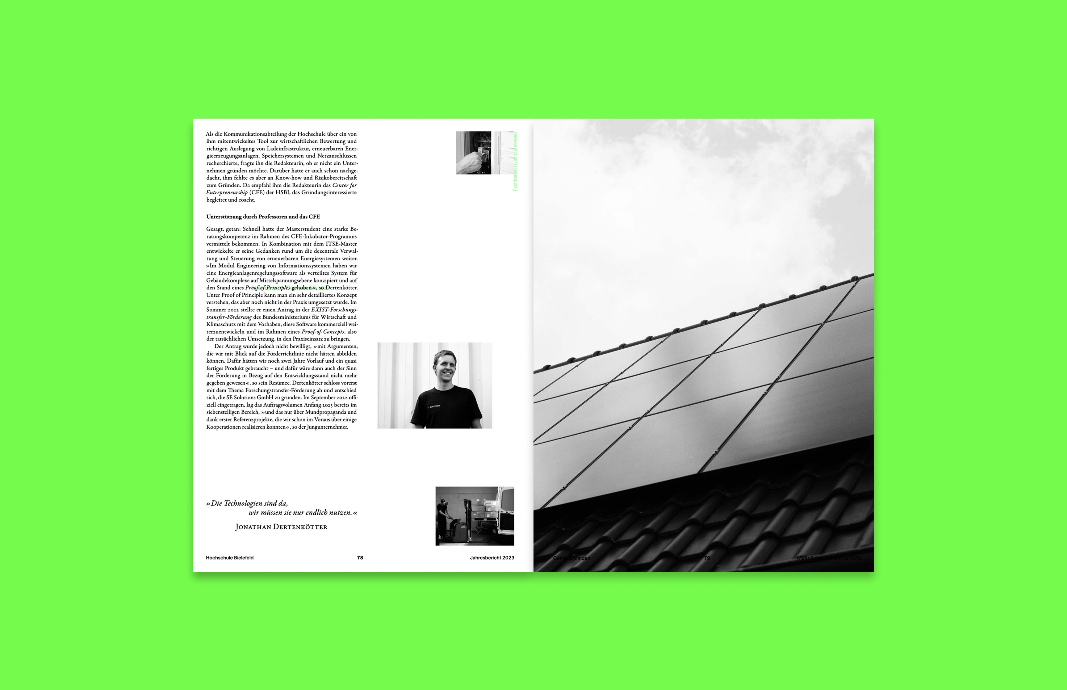 Doppelseiten des Jahresberichts 2023 der HSBI mit Übersicht zu Forschungsprojekten – modernes Informationsdesign von Neue Identität Bielefeld.