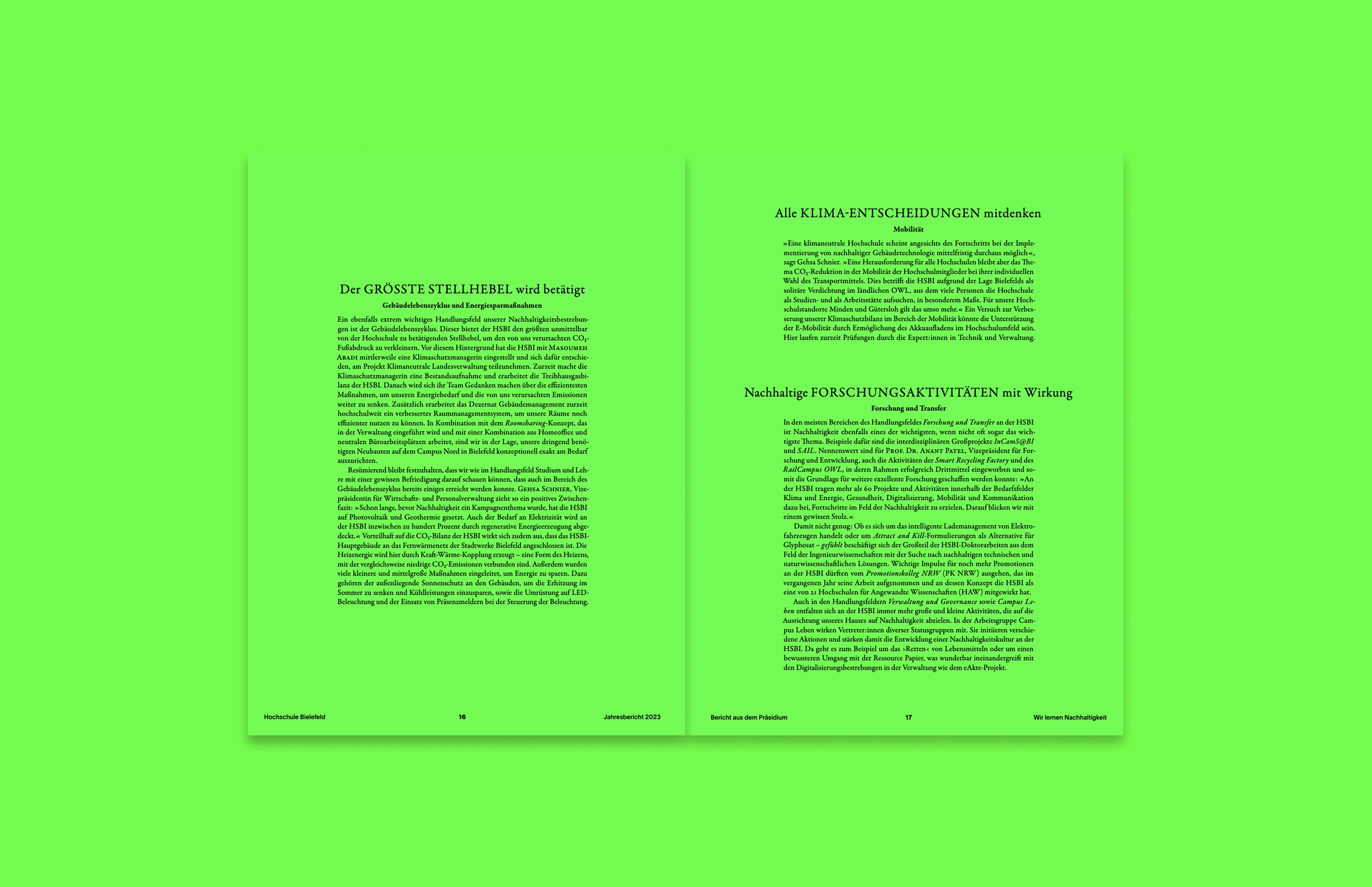 Doppelseiten des Jahresberichts 2023 der HSBI mit Übersicht zu Forschungsprojekten – modernes Informationsdesign von Neue Identität Bielefeld.