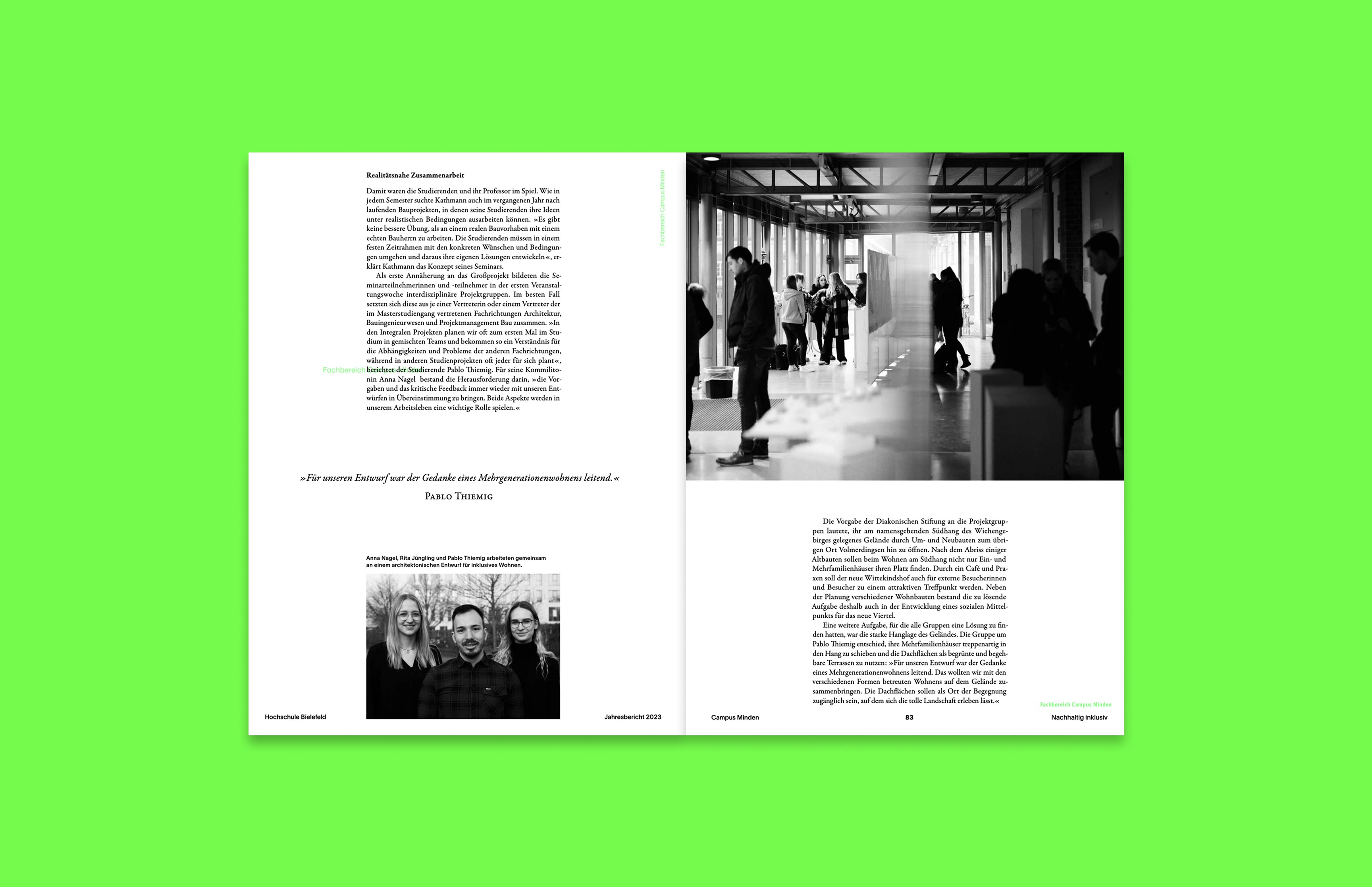 Doppelseiten des Jahresberichts 2023 der HSBI mit Übersicht zu Forschungsprojekten – modernes Informationsdesign von Neue Identität Bielefeld.