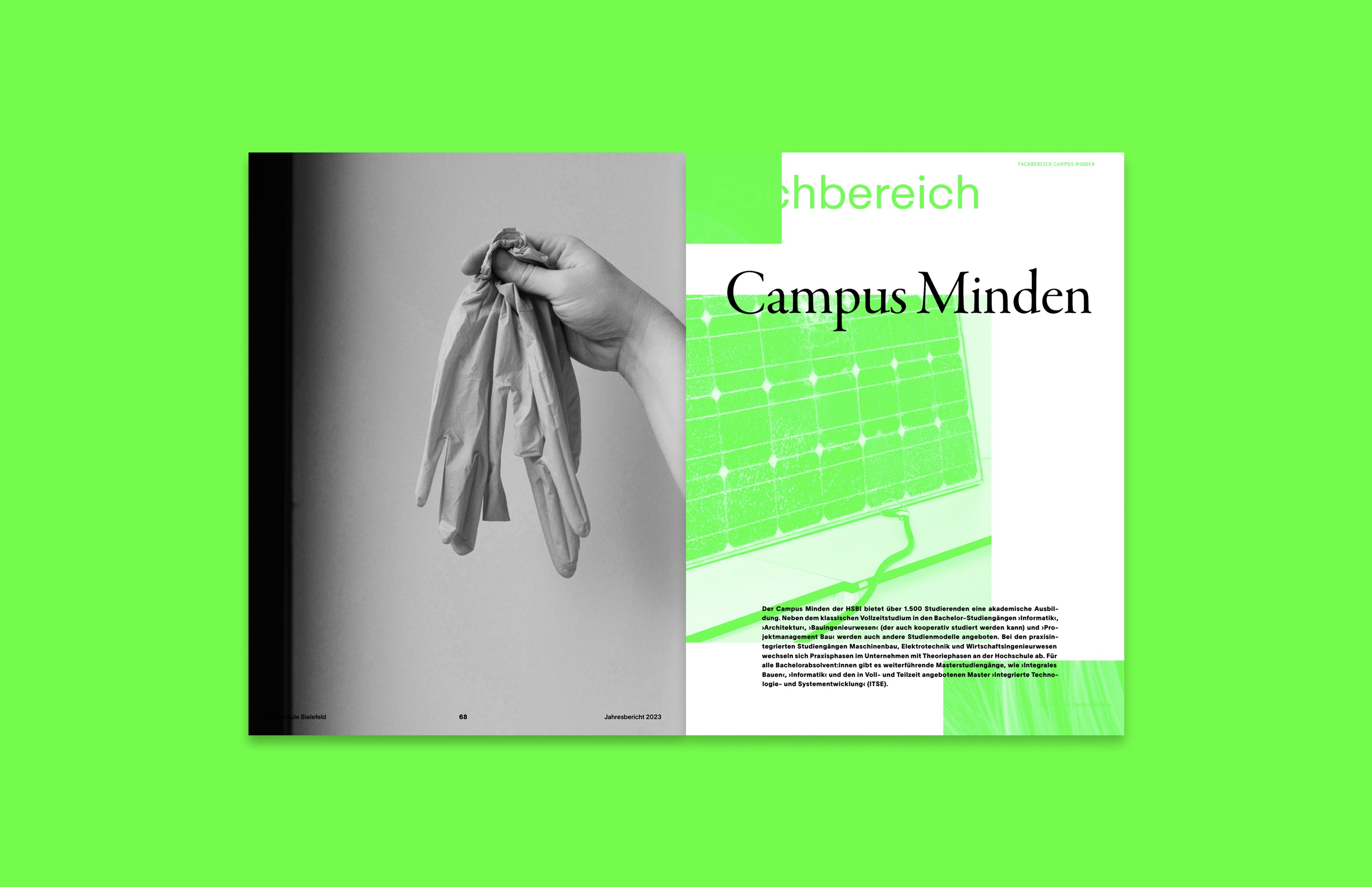Doppelseiten des Jahresberichts 2023 der HSBI mit Übersicht zu Forschungsprojekten – modernes Informationsdesign von Neue Identität Bielefeld.