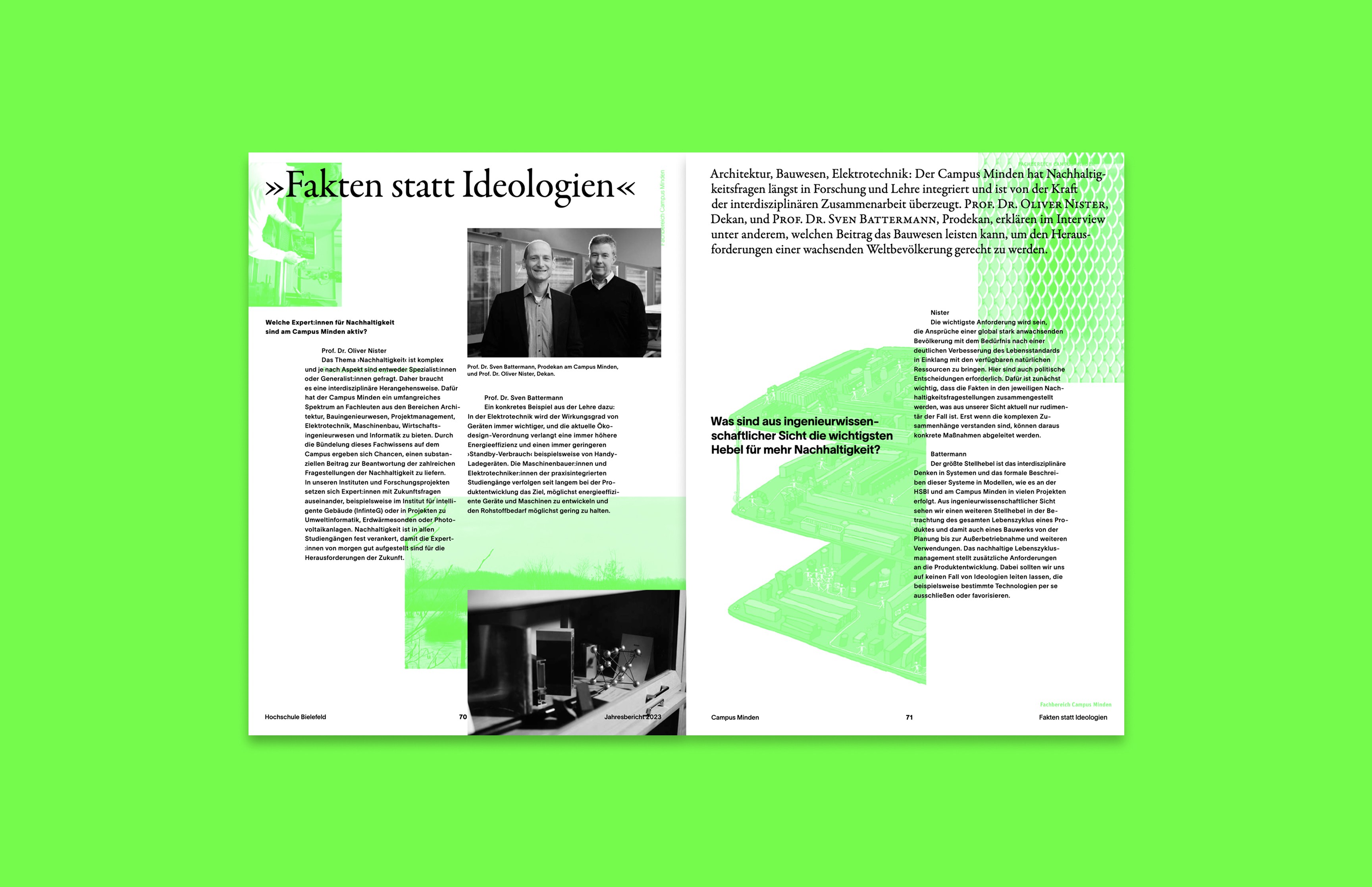 Doppelseiten des Jahresberichts 2023 der HSBI mit Übersicht zu Forschungsprojekten – modernes Informationsdesign von Neue Identität Bielefeld.