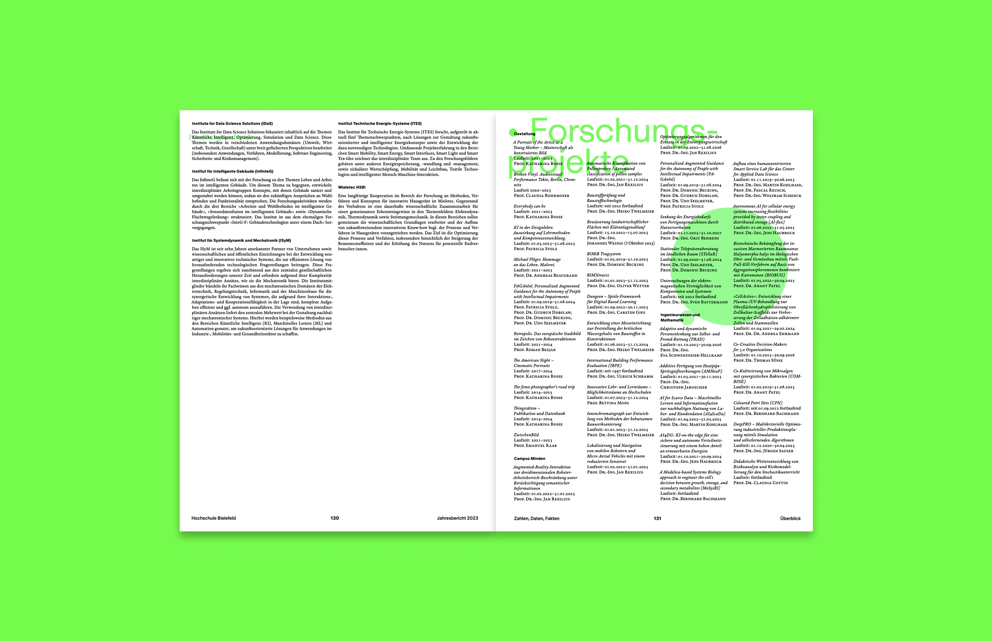 Doppelseiten des Jahresberichts 2023 der HSBI mit Übersicht zu Forschungsprojekten – modernes Informationsdesign von Neue Identität Bielefeld.