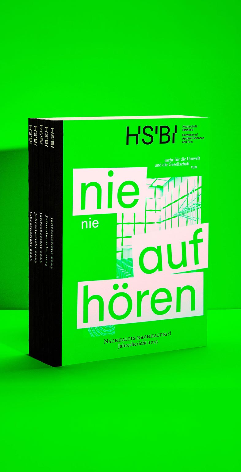 Editorial Design für den Jahresbericht 2023 der Hochschule Bielefeld (HSBI) – Gestaltung von Neue Identität, Designagentur für Kommunikation und Nachhaltigkeitspublikationen