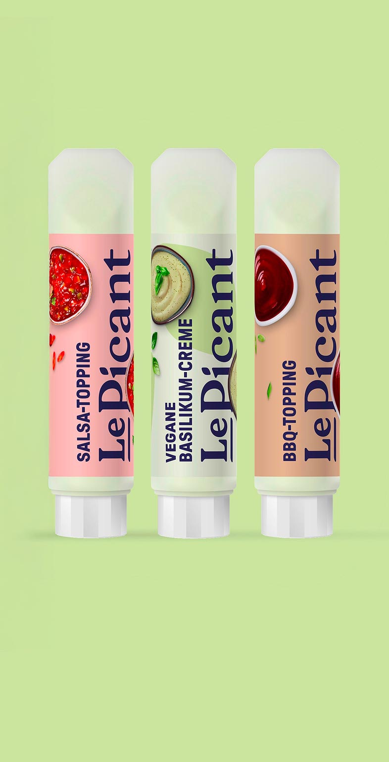Verpackungsdesign für LePicant-Toppings in Tuben – modernes Food Branding gestaltet von Neue Identität Bielefeld.