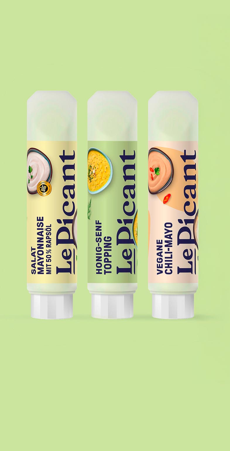 Verpackungsdesign für LePicant-Toppings in Tuben – modernes Food Branding gestaltet von Neue Identität Bielefeld.