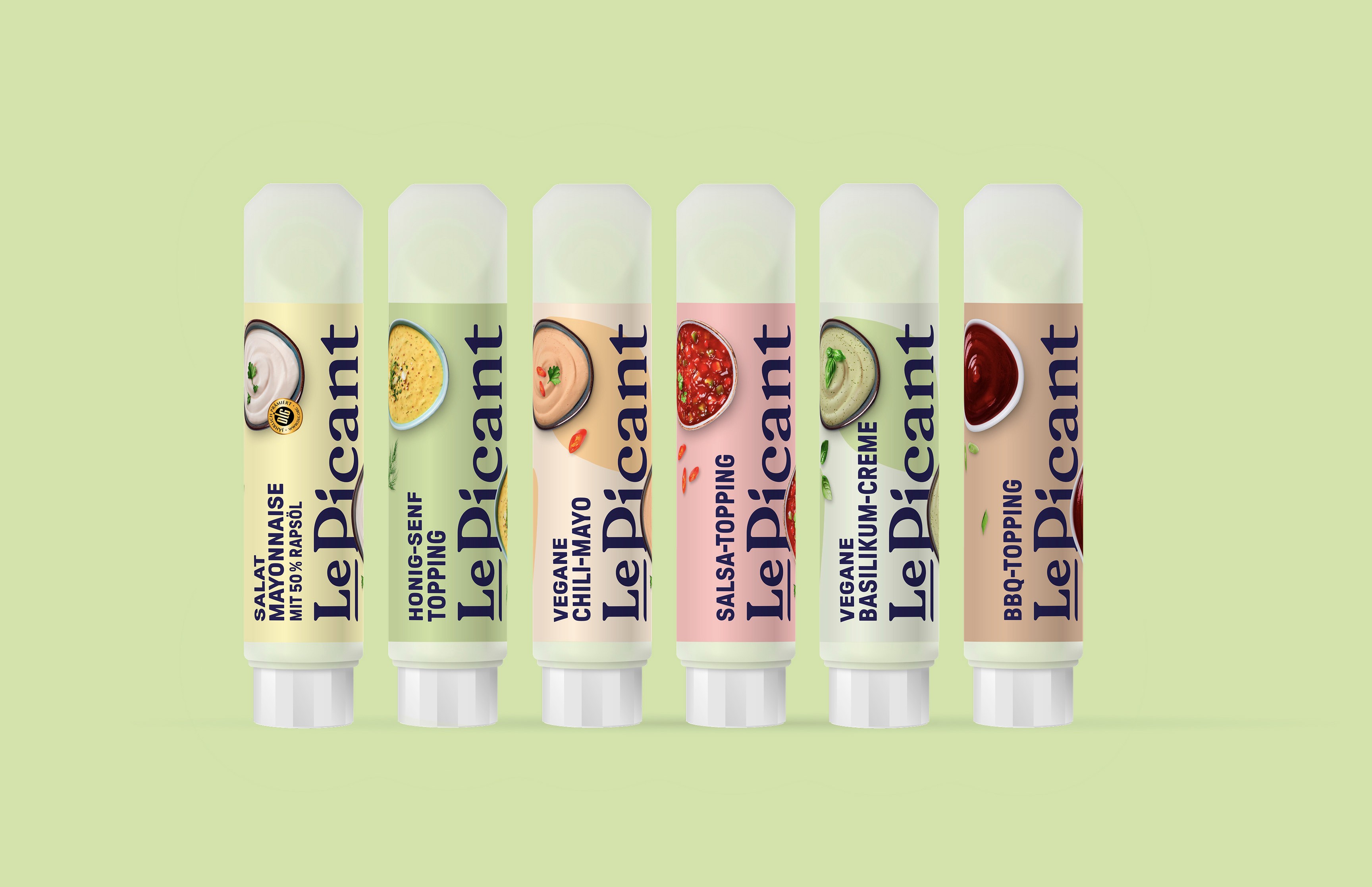 Verpackungsdesign für LePicant-Toppings in Tuben – modernes Food Branding gestaltet von Neue Identität Bielefeld.