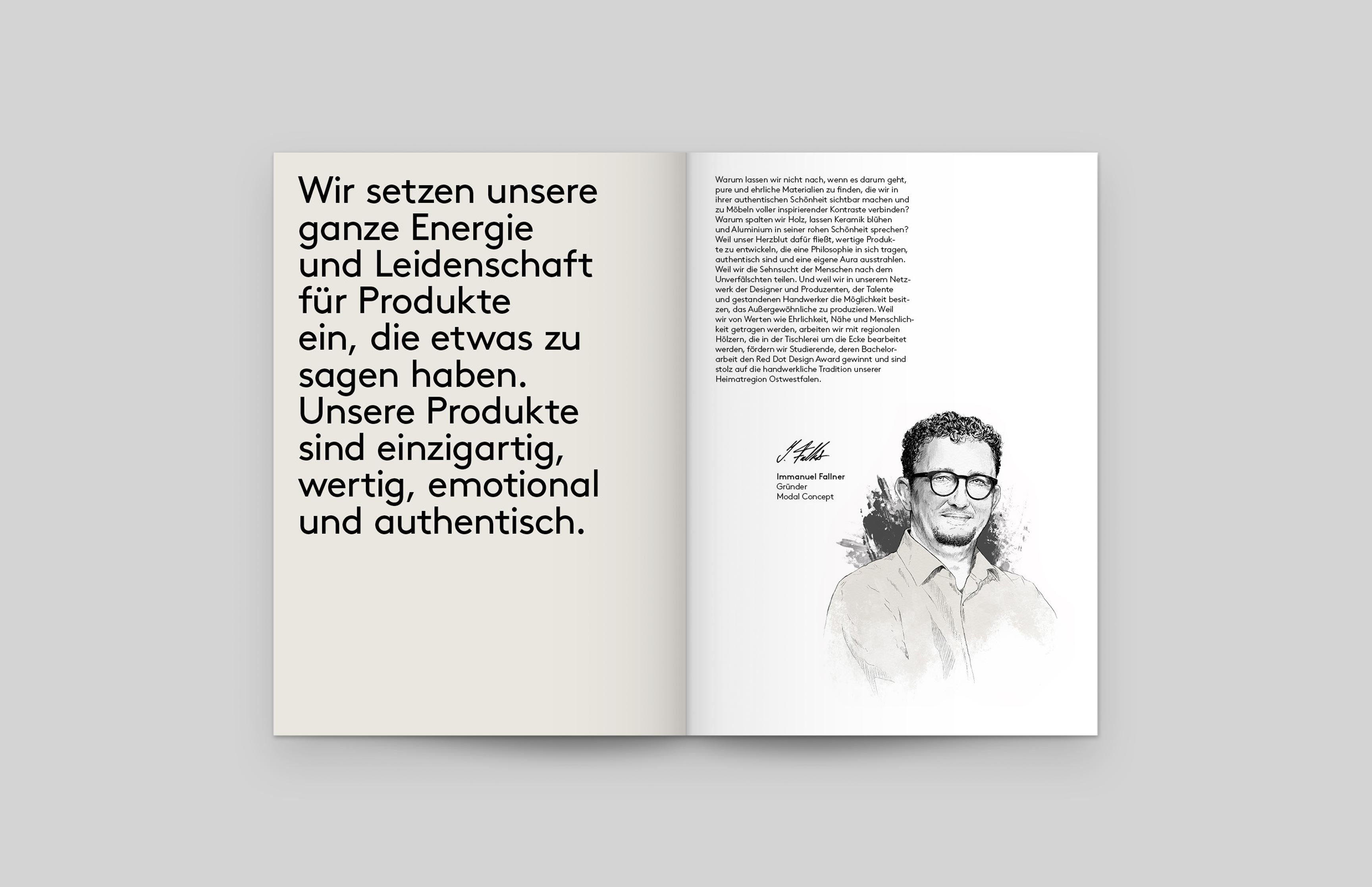 Brand Identity, Corporate Design für die Möbelbranche. Doppelseiten aus dem Möbelkatalog von Neue Identität. 