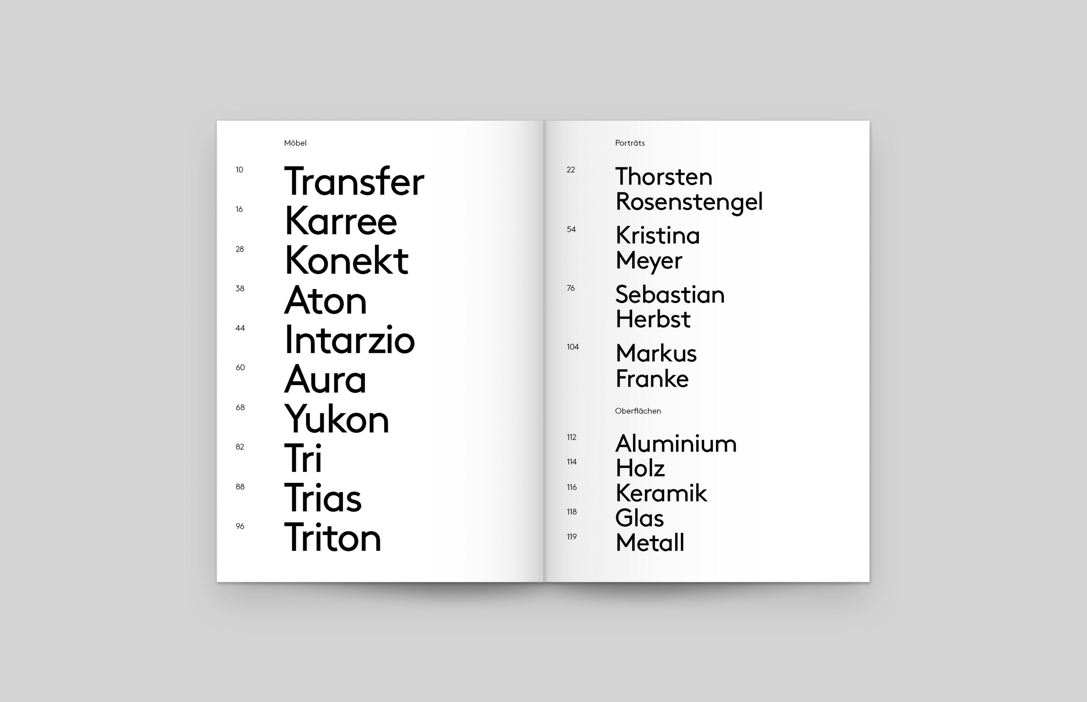 Brand Identity, Corporate Design für die Möbelbranche. Doppelseite Inhaltsverzeichnis aus dem Möbelkatalog von Neue Identität. 