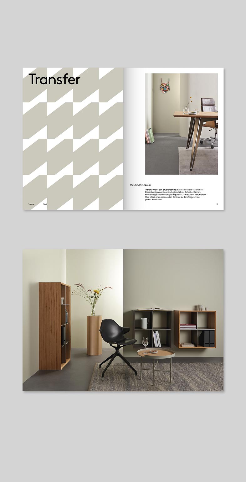 Brand Identity, Corporate Design für die Möbelbranche. Doppelseite aus dem Möbelkatalog für Modal Concept von Neue Identiät.