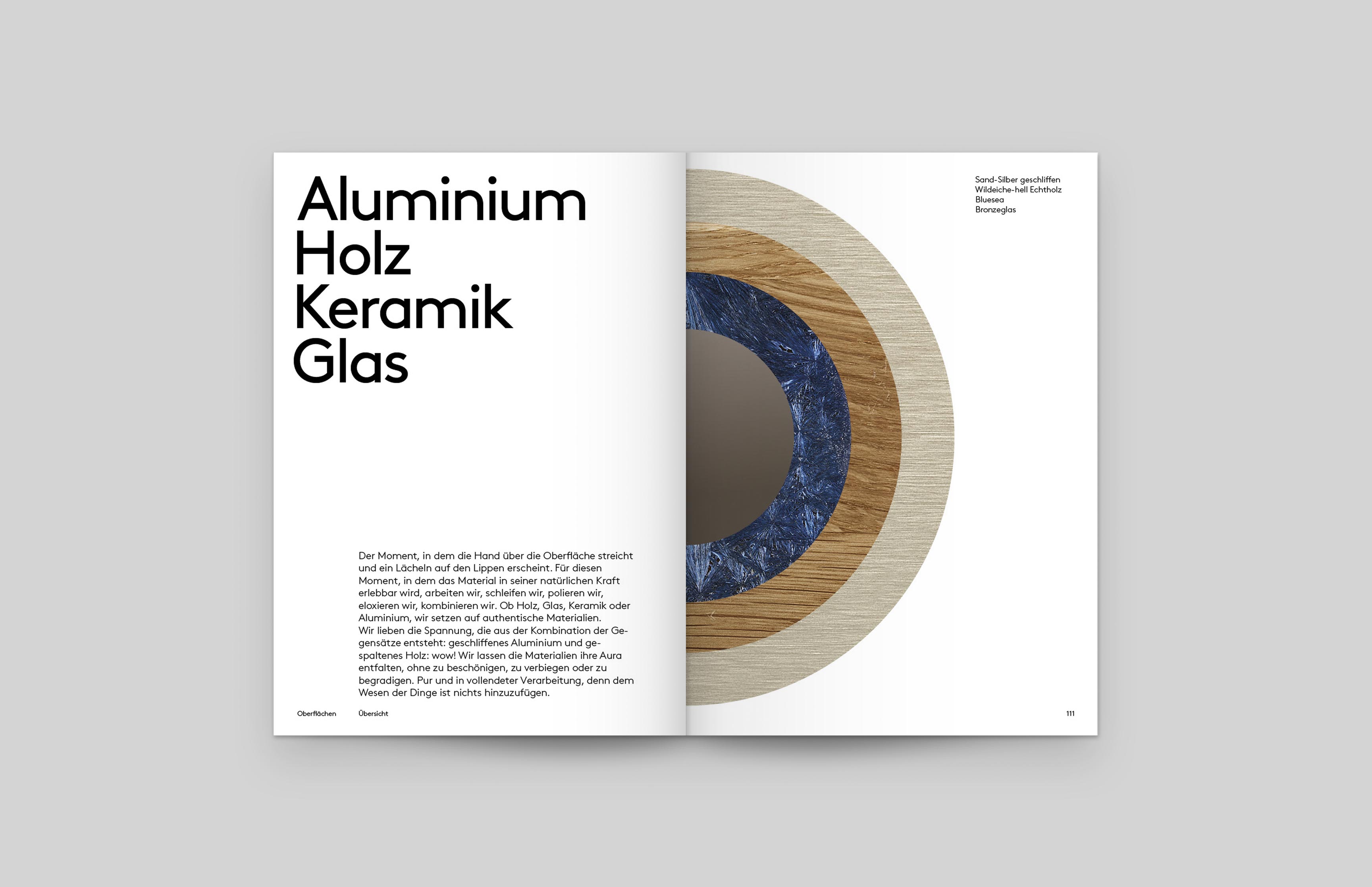 Brand Identity, Corporate Design für die Möbelbranche. Doppelseite mit Materialien aus dem Möbelkatalog für Modal Concept von Neue Identiät.