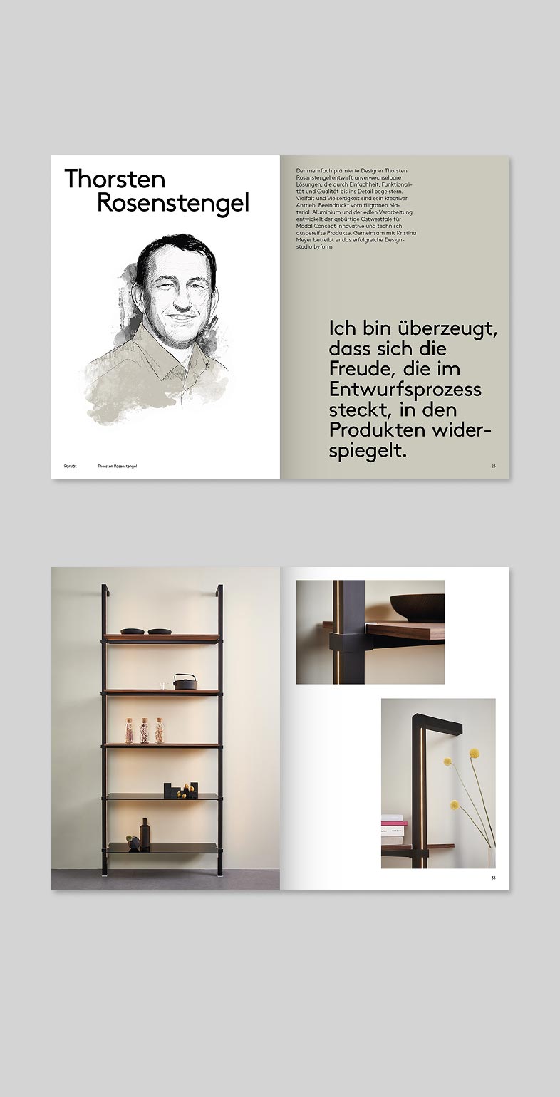 Brand Identity, Corporate Design für die Möbelbranche. Doppelseite aus dem Möbelkatalog für Modal Concept von Neue Identiät.