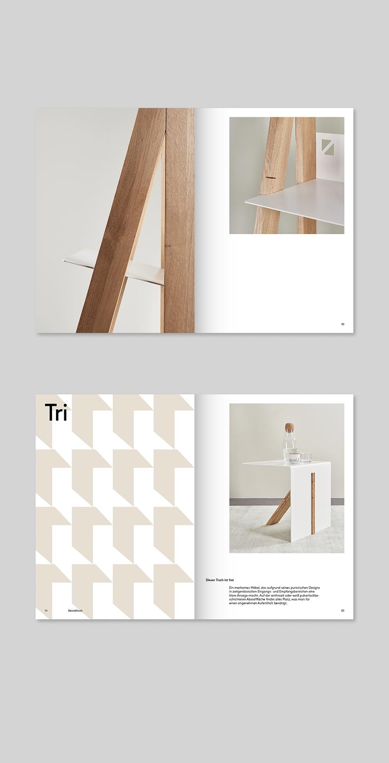 Brand Identity, Corporate Design für die Möbelbranche. Doppelseite aus dem Möbelkatalog für Modal Concept von Neue Identiät.