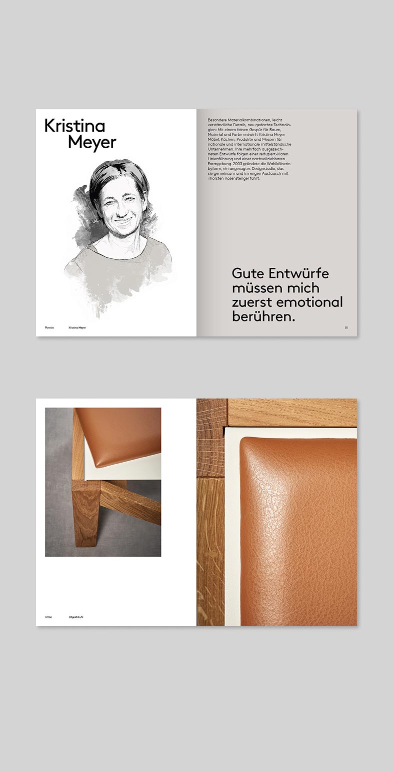 Brand Identity, Corporate Design für die Möbelbranche. Doppelseite aus dem Möbelkatalog für Modal Concept von Neue Identiät.