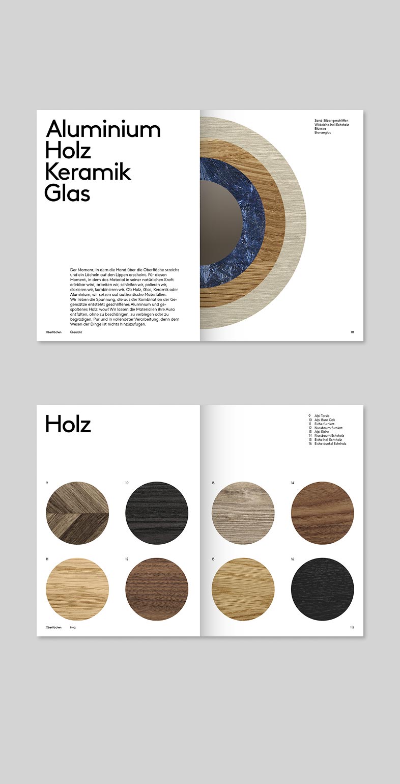 Brand Identity, Corporate Design für die Möbelbranche. Doppelseite mit Materialübersicht aus dem Möbelkatalog für Modal Concept von Neue Identiät.