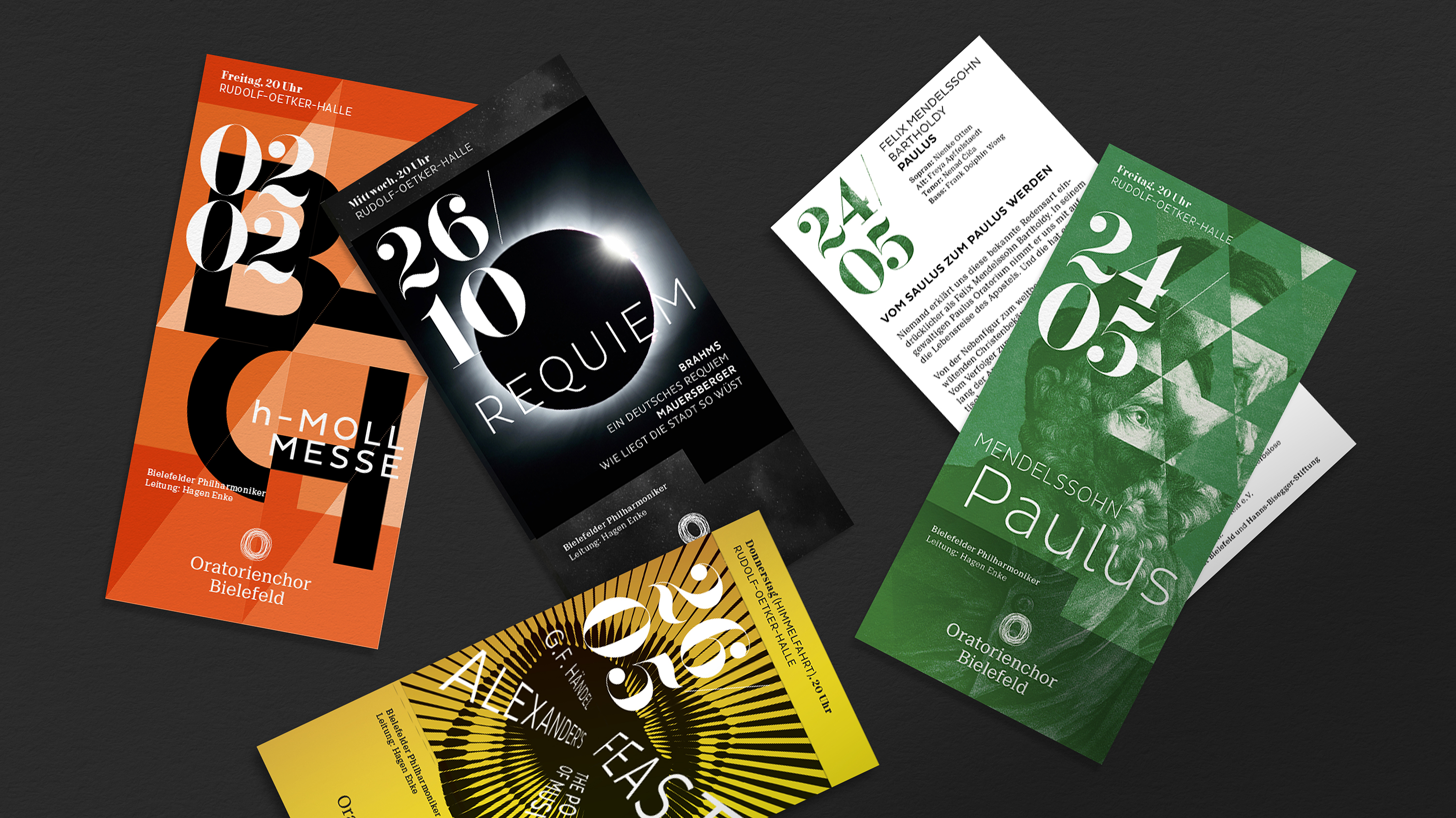 Flyerübersicht mit Corporate Design für die Konzertreihe des Oratorienchors Bielefeld, gestaltet von Neue Identität