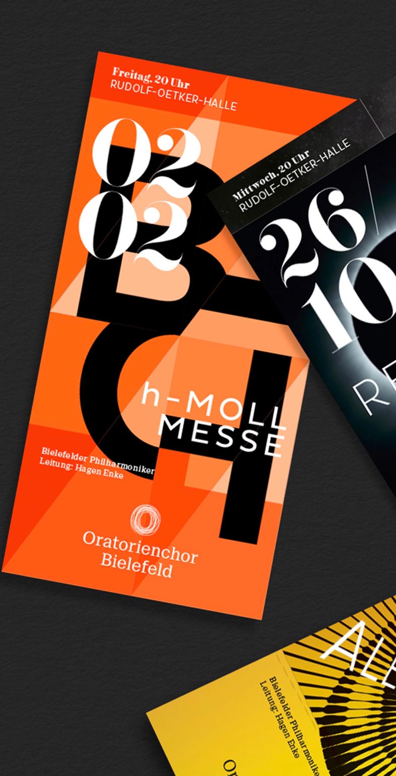 Flyerübersicht mit Corporate Design für die Konzertreihe des Oratorienchors Bielefeld, gestaltet von Neue Identität