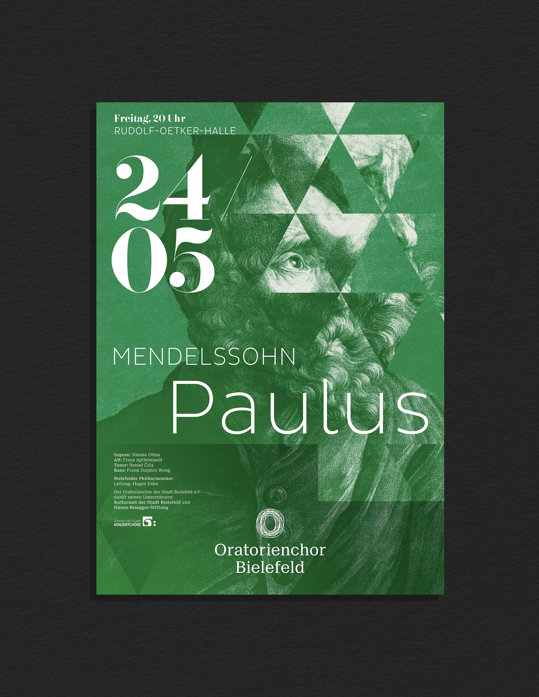 Grünes Plakat für das Konzert „Paulus“ mit Porträtgrafik – Gestaltung von Neue Identität.