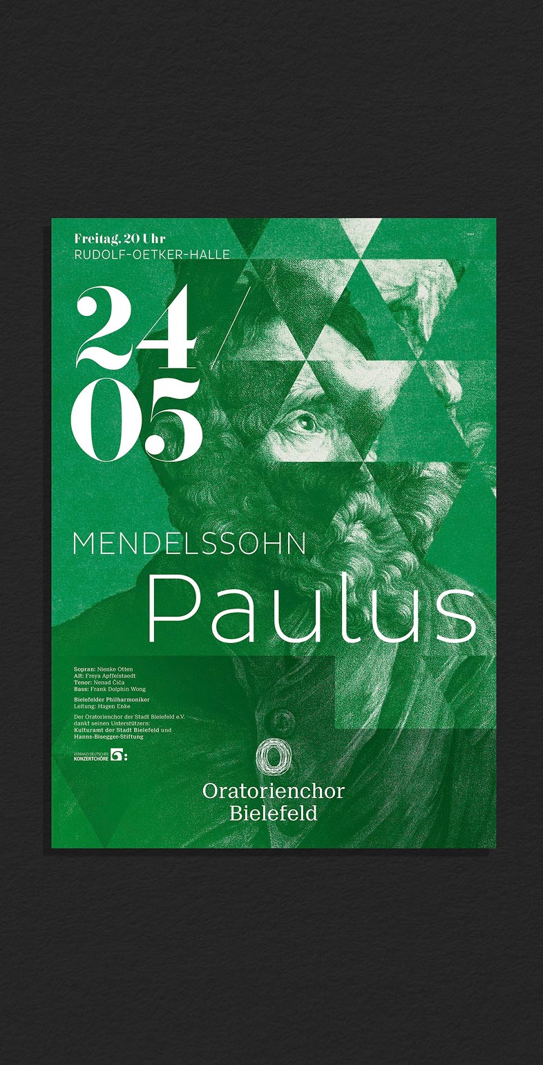 Grünes Plakat für das Konzert „Paulus“ mit Porträtgrafik – Gestaltung von Neue Identität.