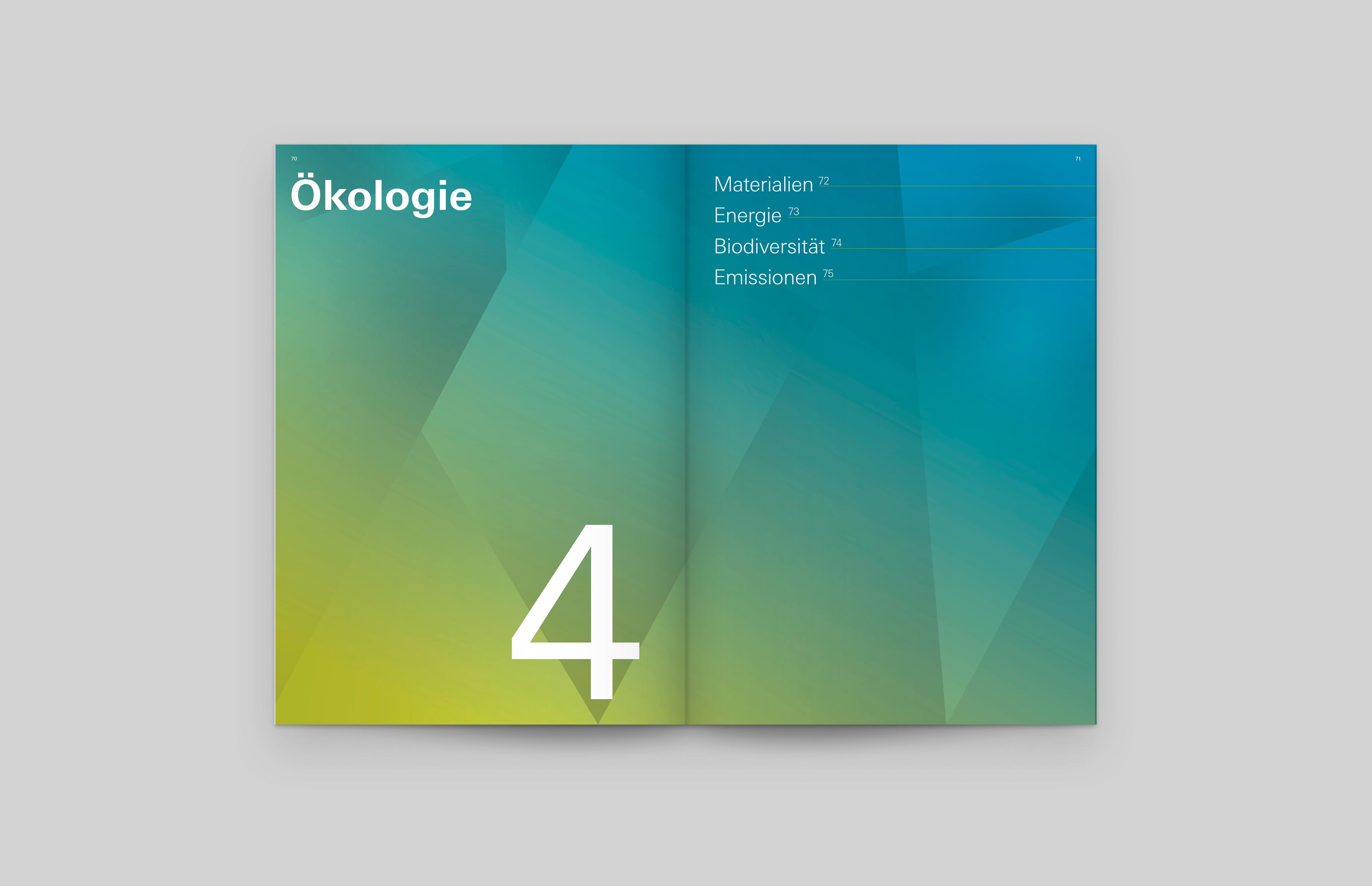 Doppelseite aus dem Nachhaltigkeitsbericht von Schüco, gestaltet von der Designagentur Neue Identität: Kapitelstart ‚Ökologie‘
