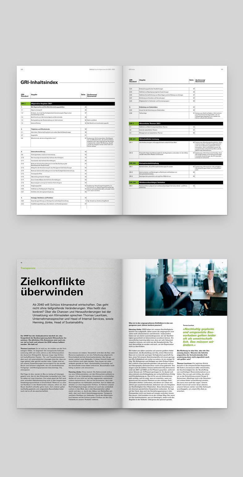 Doppelseiten aus dem Nachhaltigkeitsbericht von Schüco, gestaltet von der Designagentur Neue Identität.