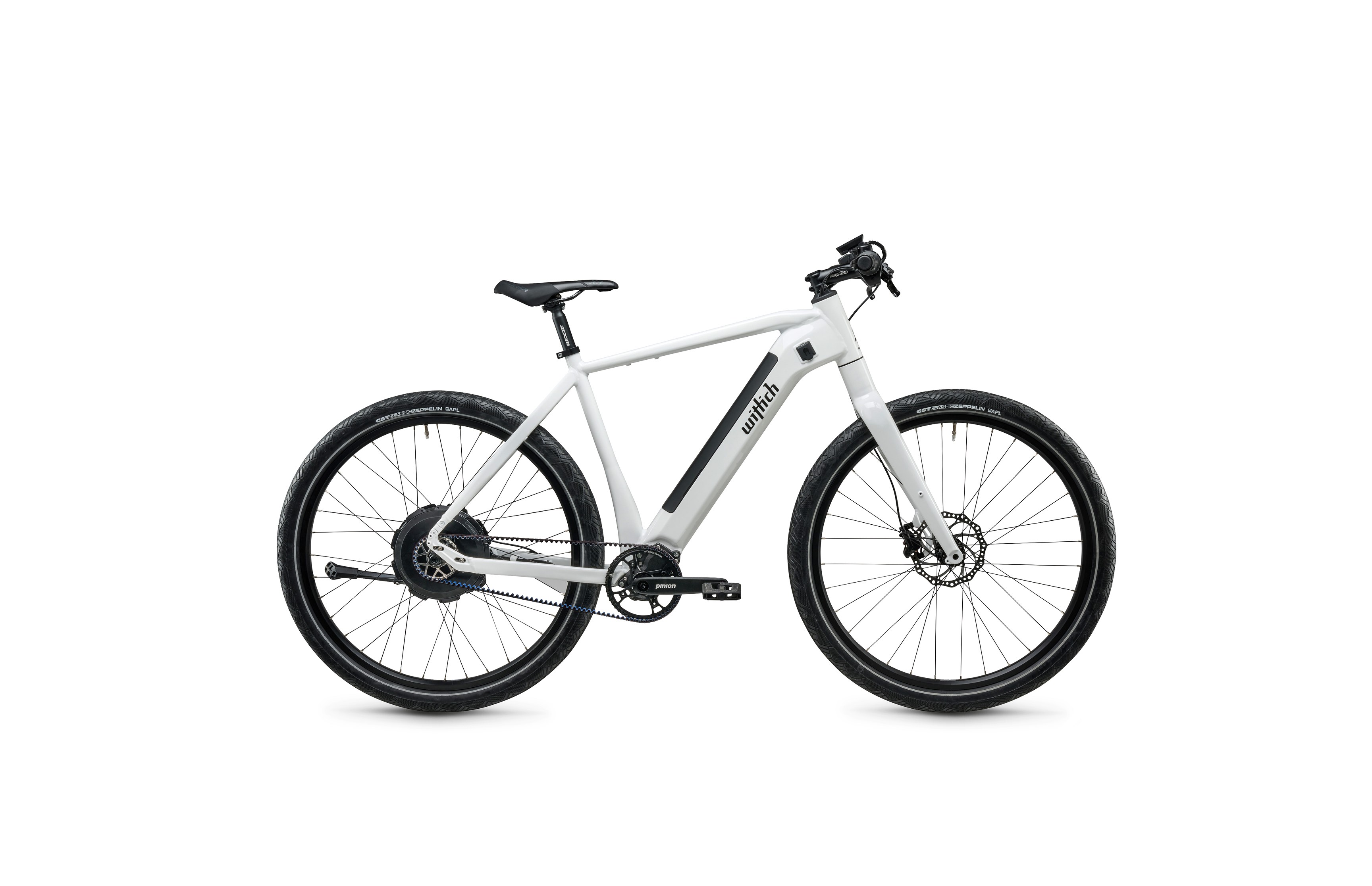 Produktfoto eines weißen E-Bikes von Wittich Bikes mit Gates-Riemenantrieb von Sebi Ruthe – Corporate Design von Neue Identität, Bielefeld.