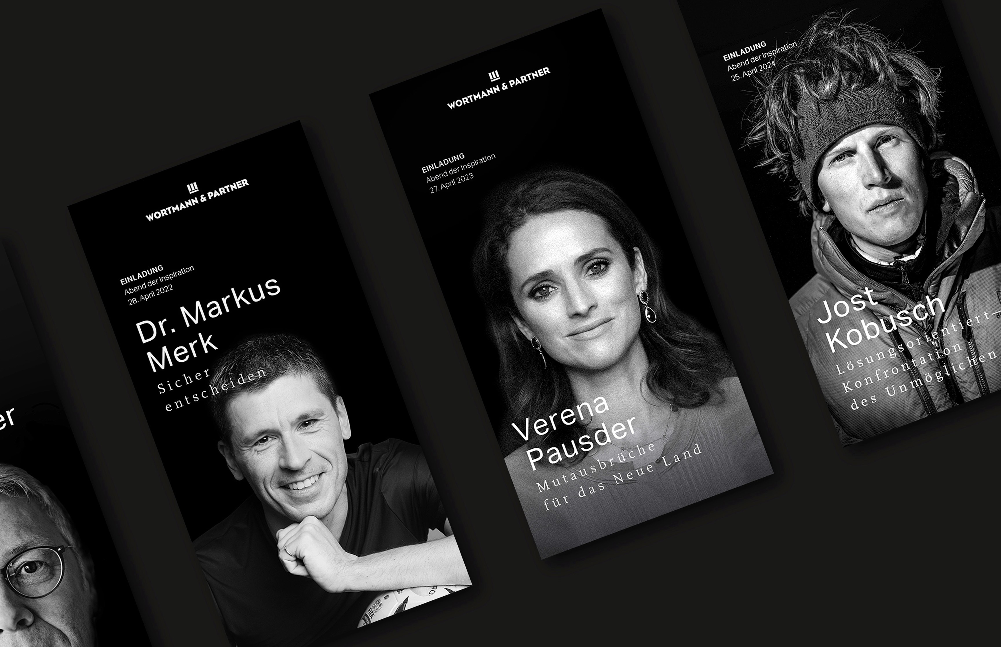 Einladungsdesign zur Vortragsreihe ‚Abend der Inspiration‘ bei Wortmann & Partner – visuelle Gestaltung von Neue Identität mit Persönlichkeiten wie Verena Pausder, Jost Kobusch und Dr. Markus Merk