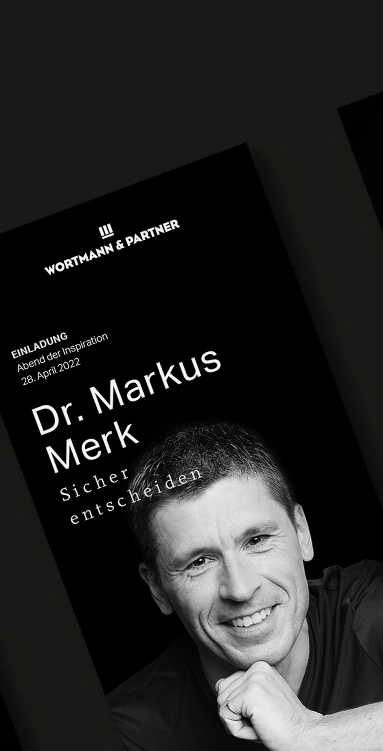 Einladungsdesign zur Vortragsreihe ‚Abend der Inspiration‘ bei Wortmann & Partner – visuelle Gestaltung von Neue Identität mit Persönlichkeiten wie Verena Pausder, Jost Kobusch und Dr. Markus Merk
