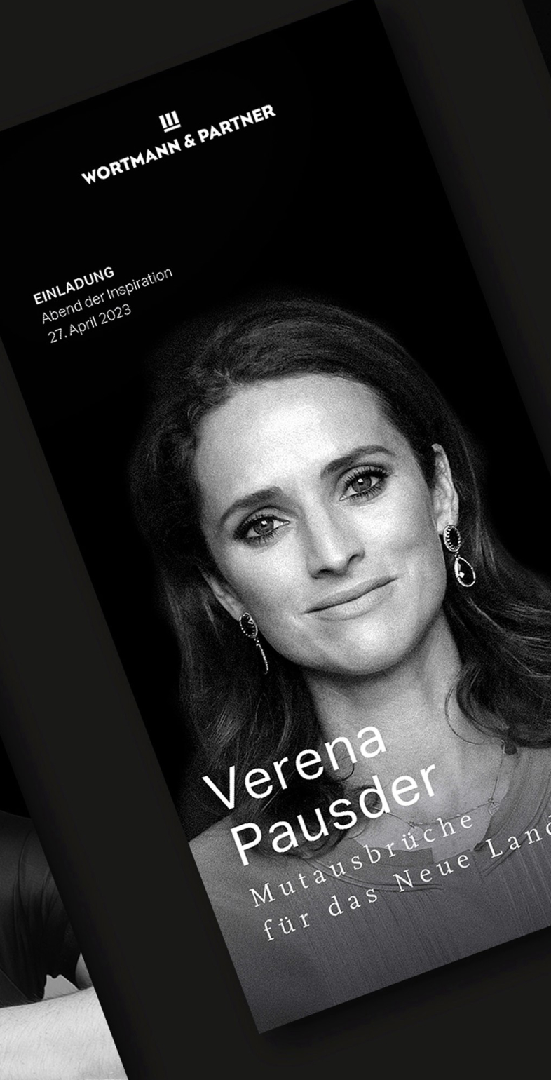 Einladungsdesign zur Vortragsreihe ‚Abend der Inspiration‘ bei Wortmann & Partner – visuelle Gestaltung von Neue Identität mit Unternehmerin Verena Pausder