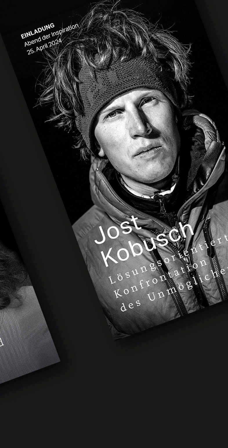Einladungsdesign zur Vortragsreihe ‚Abend der Inspiration‘ bei Wortmann & Partner – visuelle Gestaltung von Neue Identität mit Jost Kobusch
