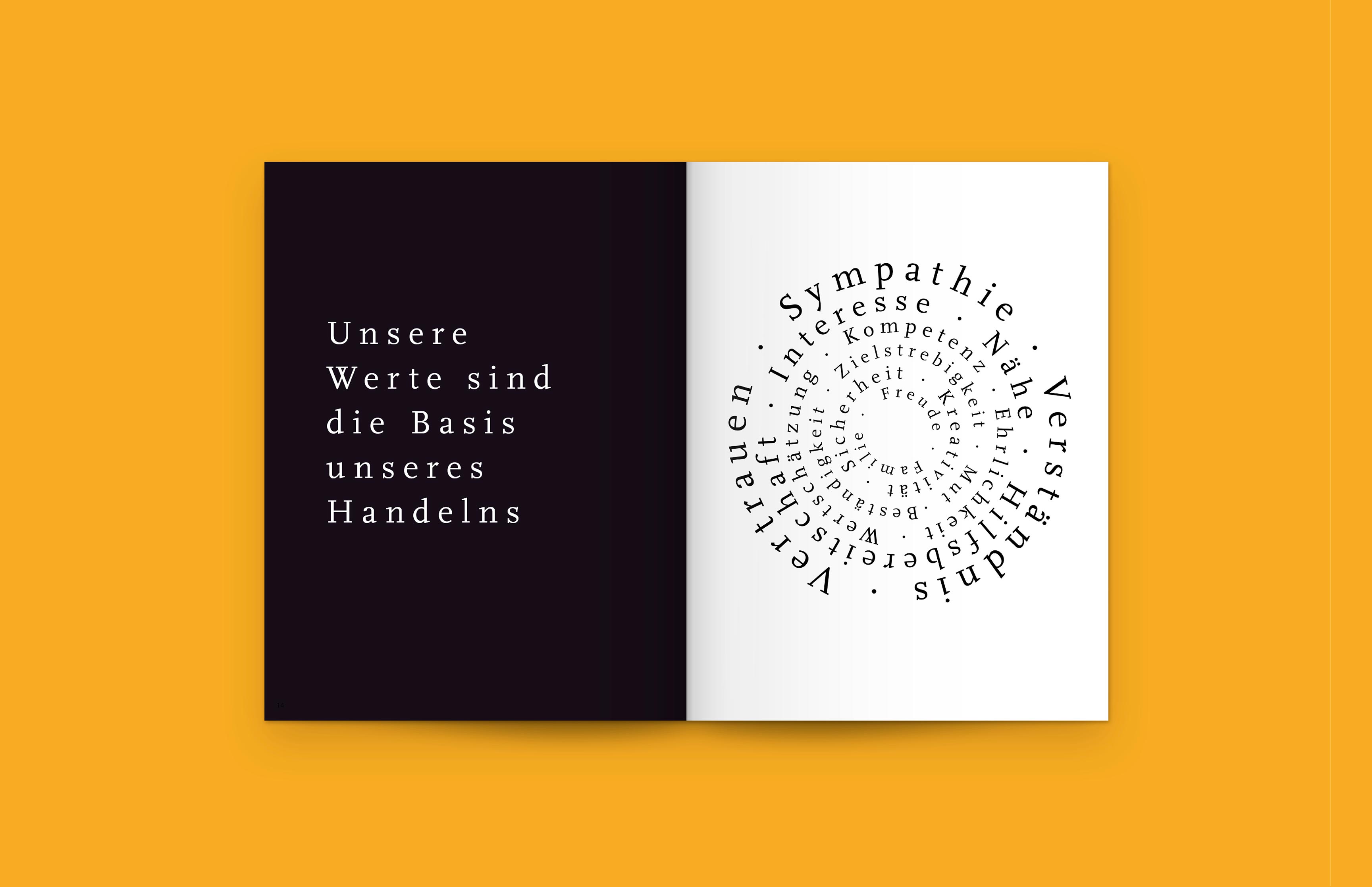 Detailansicht, Doppelseiten Wertebuch Konzept – Kommunikationsdesign für Wortmann & Partner von Neue Identität Bielefeld.
